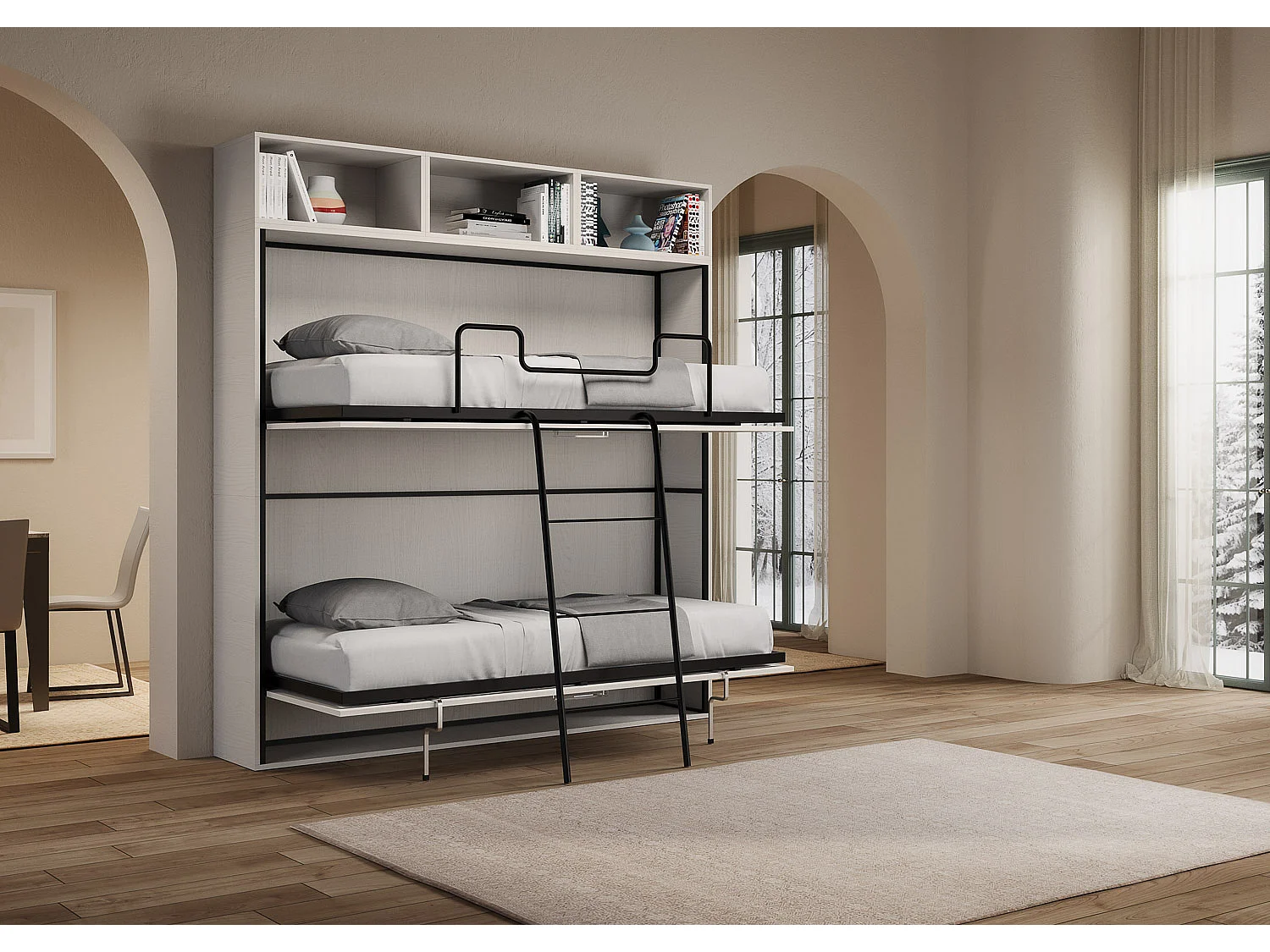 Armoire lit escamotable horizontal superposé 2 couchages 85 Kando composition L Frêne Blanc