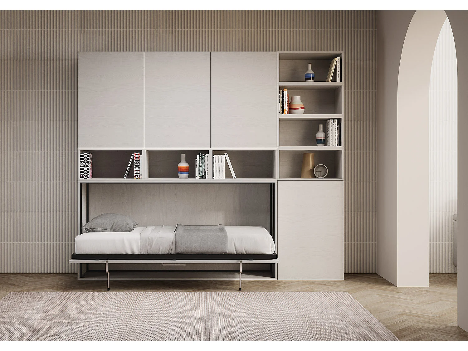 Cama rebatível individual horizontal Kando composição E Cinza Branca