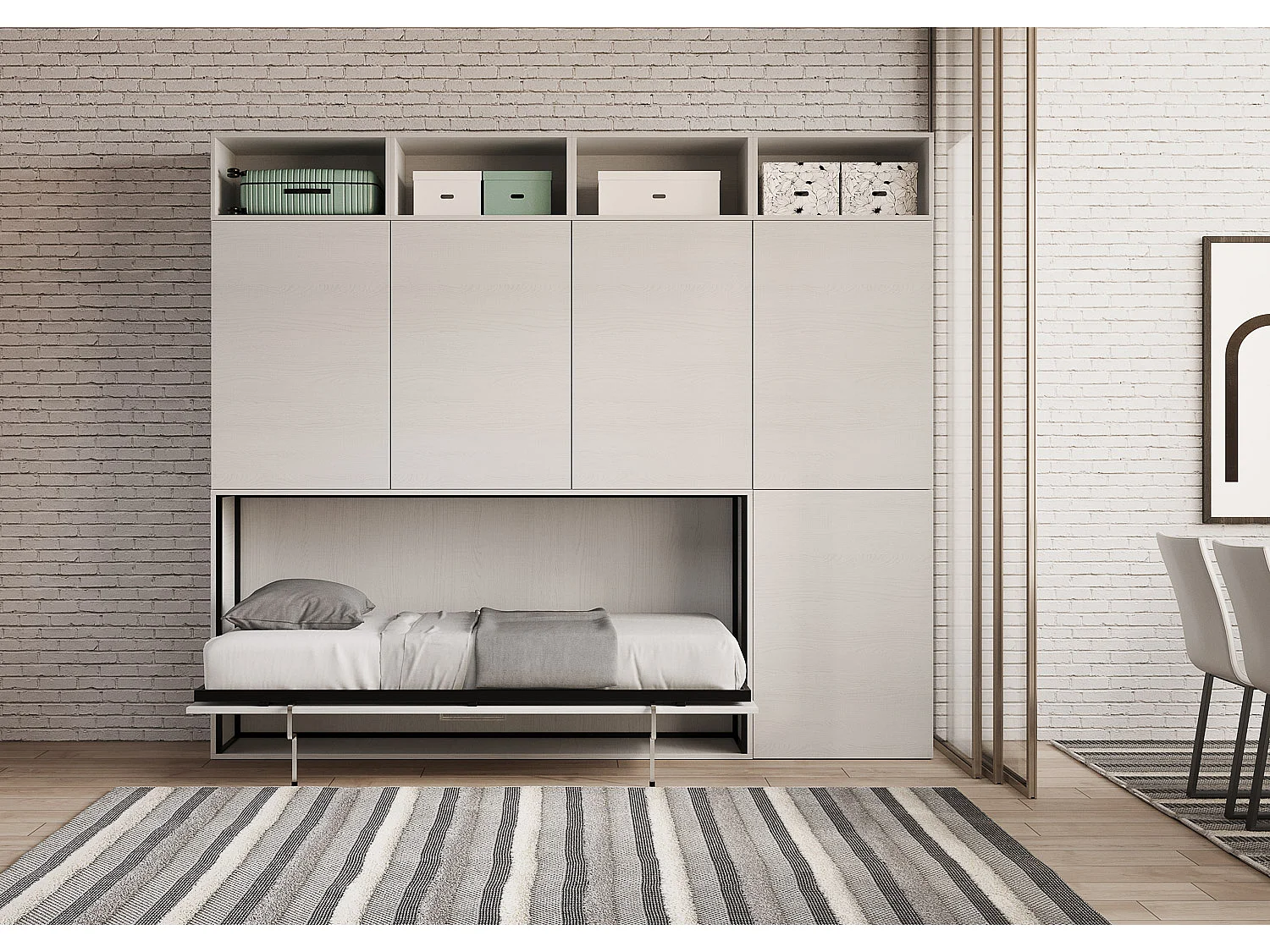 Armoire lit escamotable horizontal 1 couchage 85 Kando comp.B Frêne Blanc