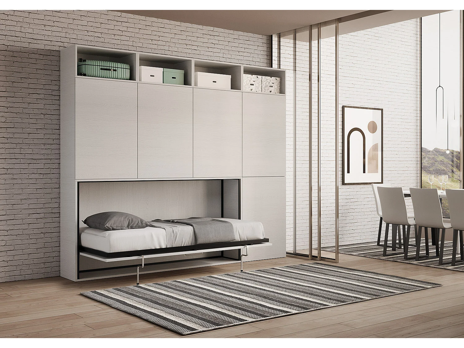 Armoire lit escamotable horizontal 1 couchage 85 Kando comp.B Frêne Blanc