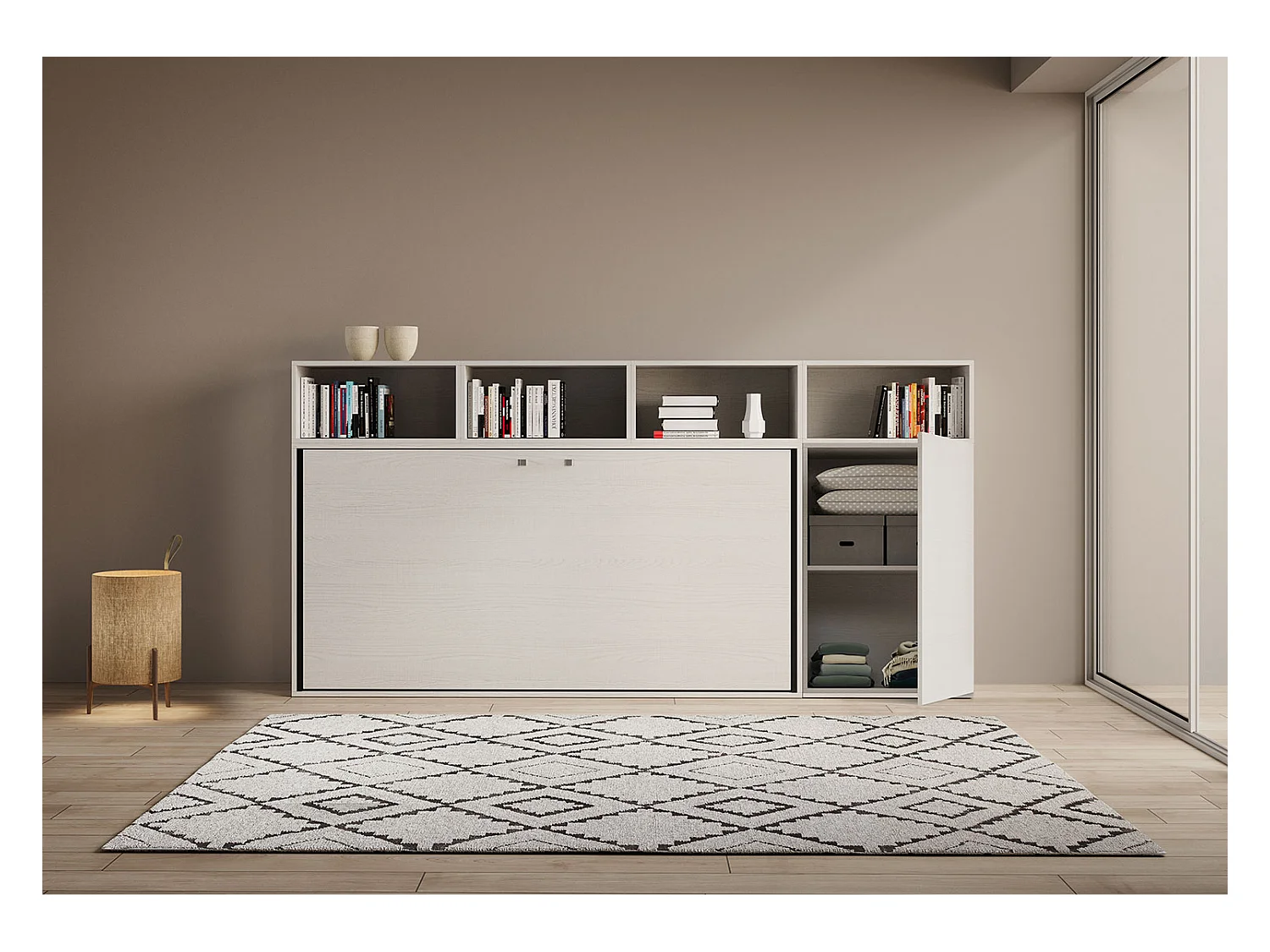 Armoire lit escamotable horizontal 1 couchage 85 Kando avec matelas composition A Frêne Blanc