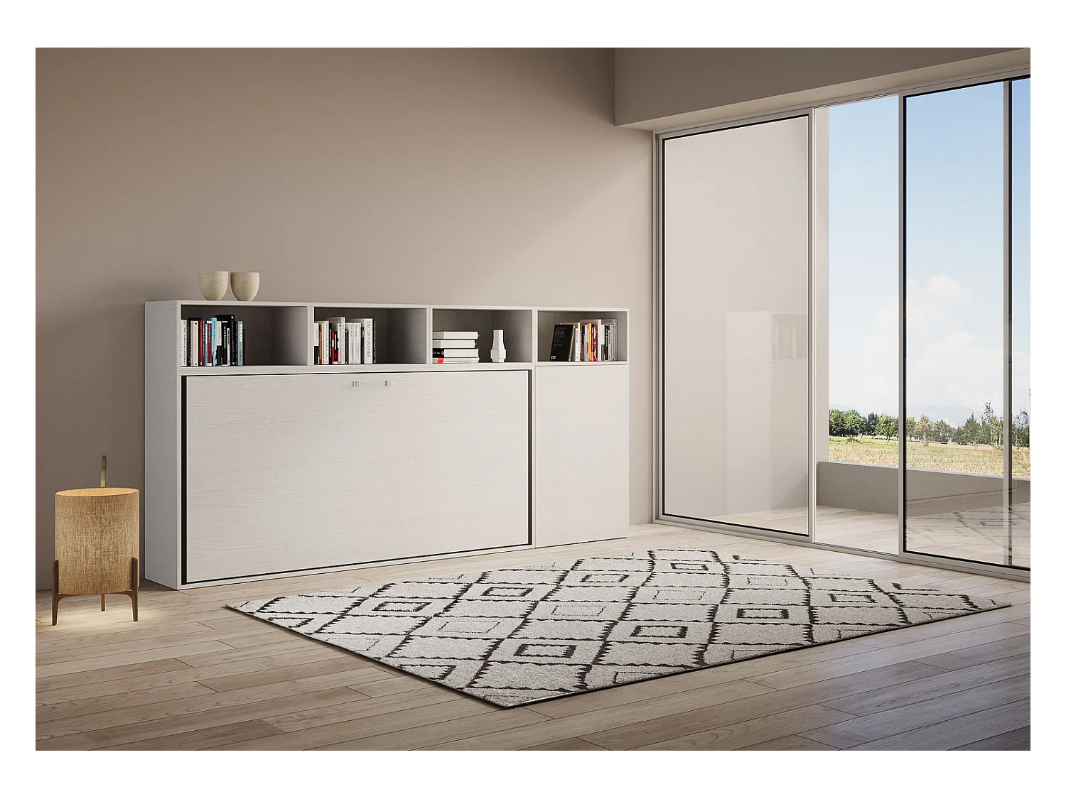 Armoire lit escamotable horizontal 1 couchage 85 Kando avec matelas composition A Frêne Blanc