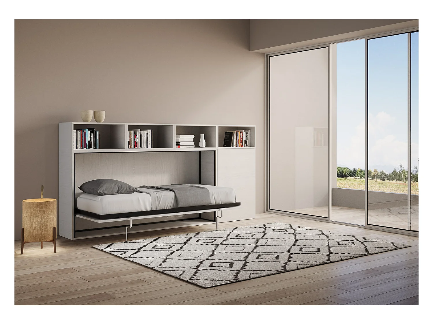 Armoire lit escamotable horizontal 1 couchage 85 Kando avec matelas composition A Frêne Blanc