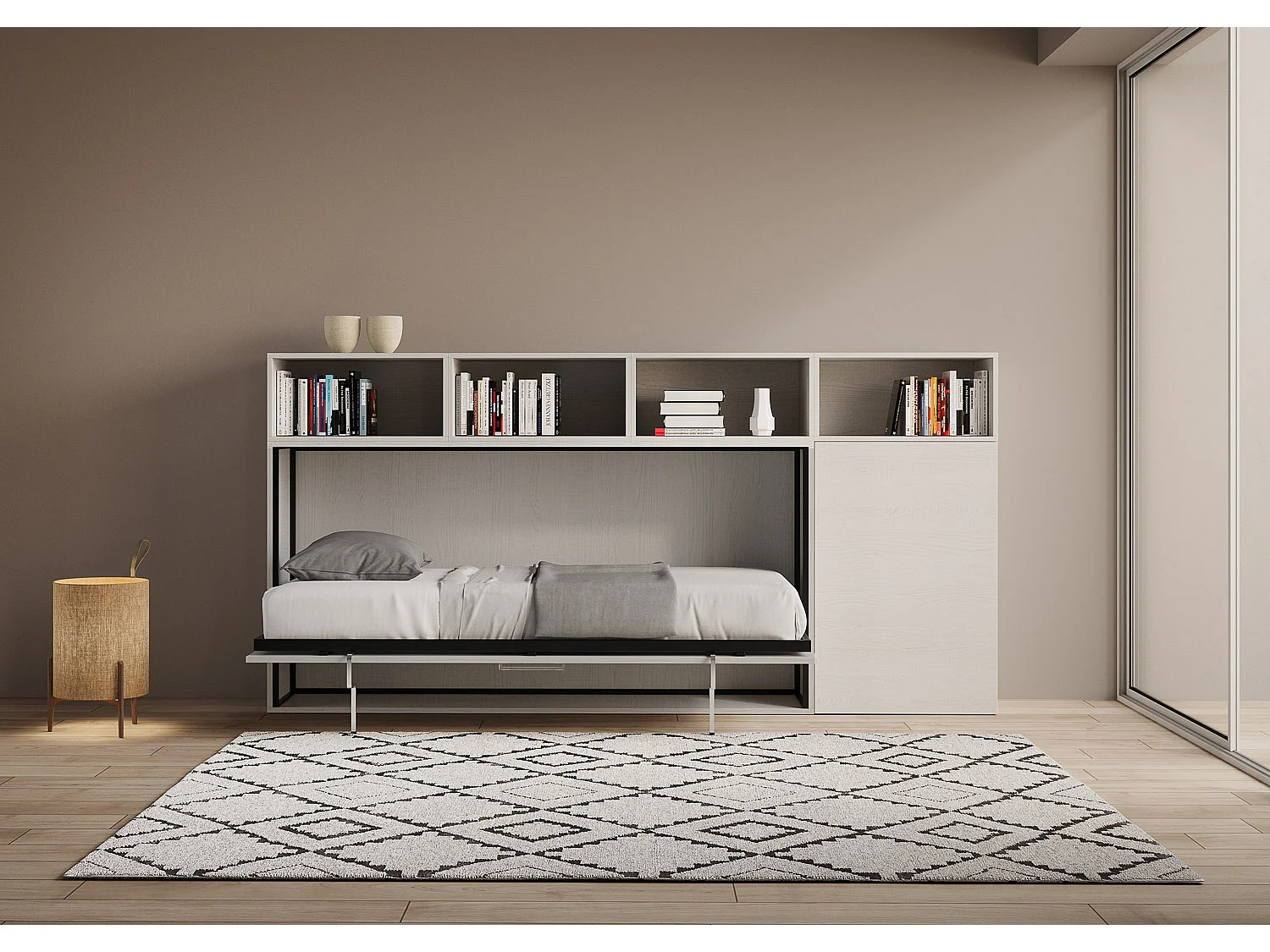 Cama rebatível individual horizontal Kando com colchão composição A Cinza Branca