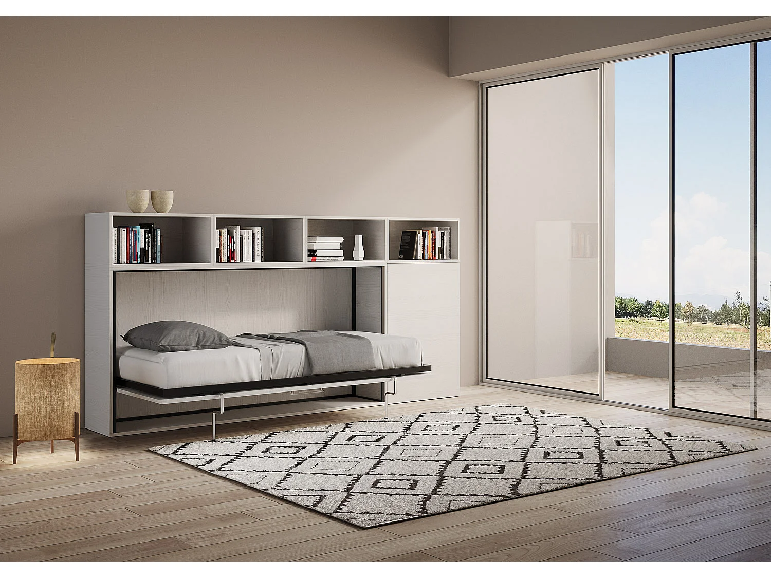 Cama rebatível individual horizontal Kando com colchão composição A Cinza Branca