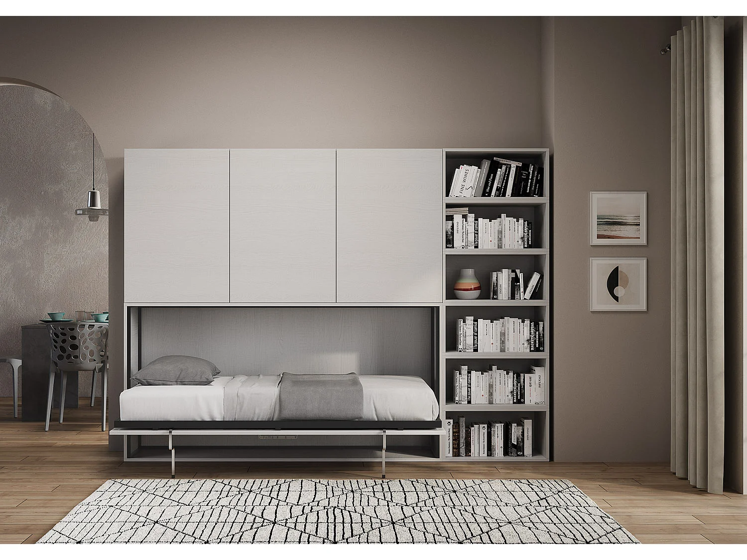 Armoire lit escamotable horizontal 1 couchage 85 Kando avec matelas comp.G Frêne Blanc