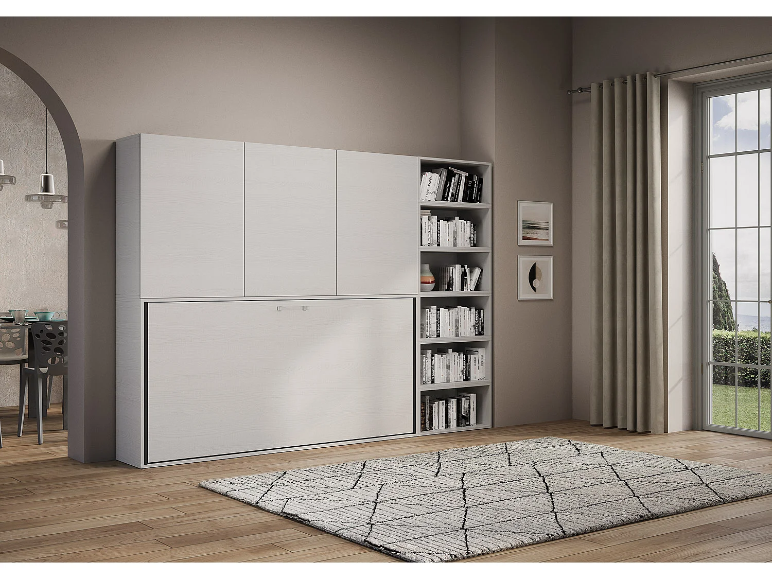 Armoire lit escamotable horizontal 1 couchage 85 Kando avec matelas comp.G Frêne Blanc