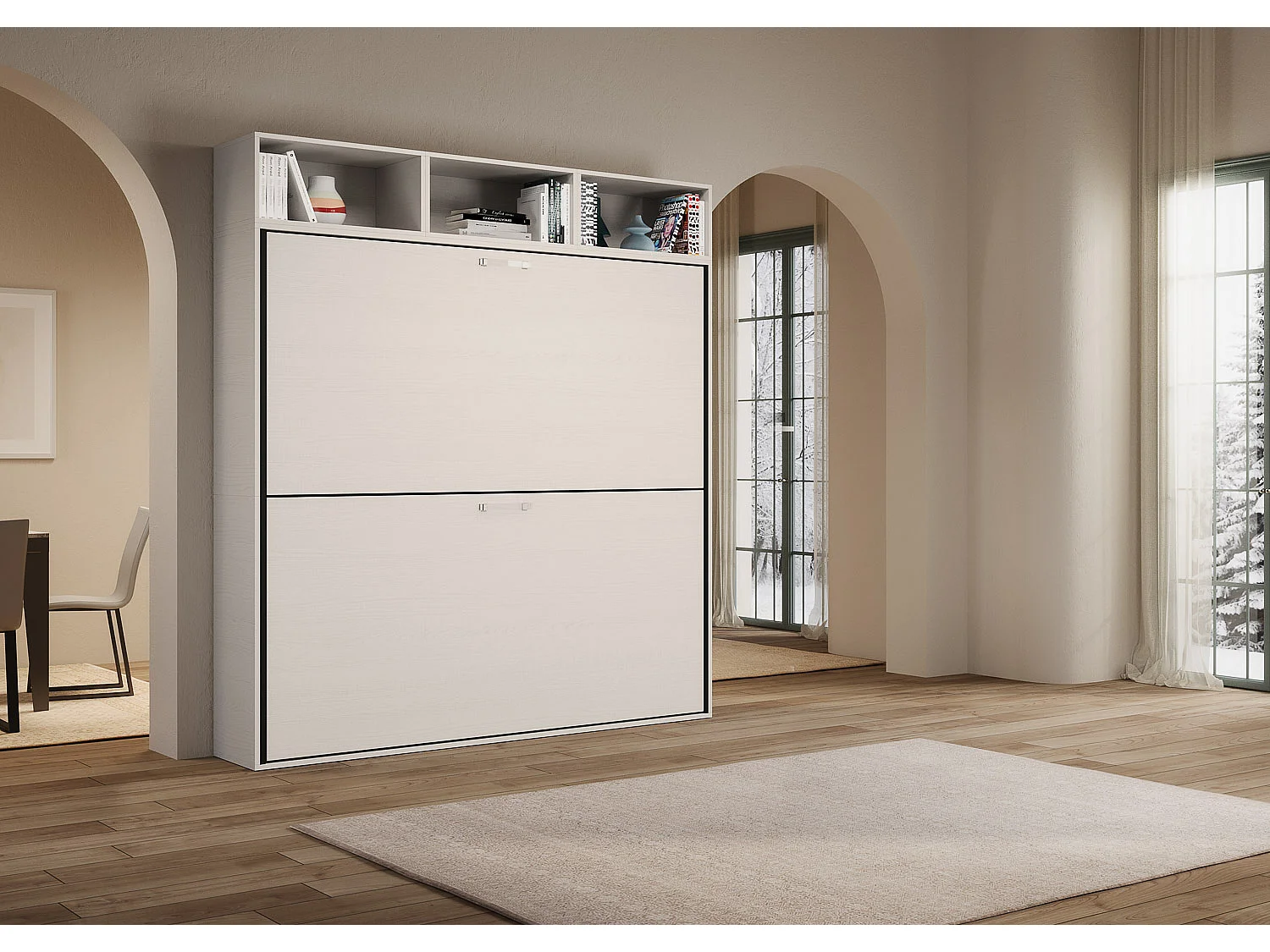 Armoire lit escamotable horizontal superposé 2 couchages 85 Kando avec matelascomposition L Frêne Blanc