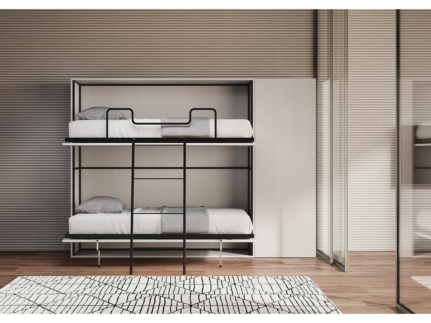 Armoire lit escamotable horizontal superposé 2 couchages 85 Kando composition H Frêne Blanc
