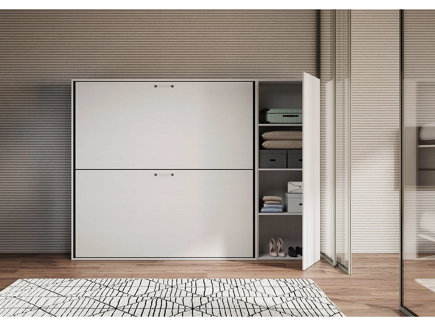 Armoire lit escamotable horizontal superposé 2 couchages 85 Kando composition H Frêne Blanc