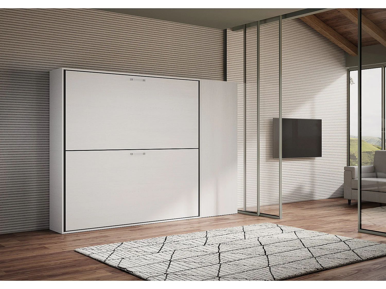 Armoire lit escamotable horizontal superposé 2 couchages 85 Kando composition H Frêne Blanc