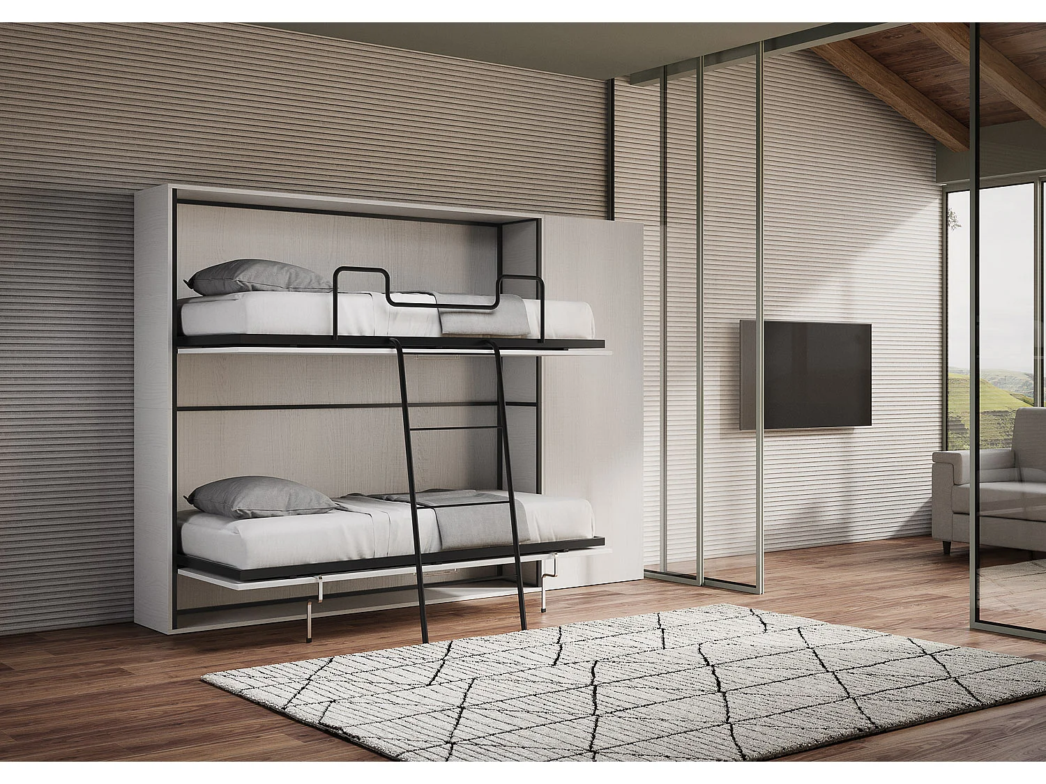 Armoire lit escamotable horizontal superposé 2 couchages 85 Kando comp.H Frêne Blanc