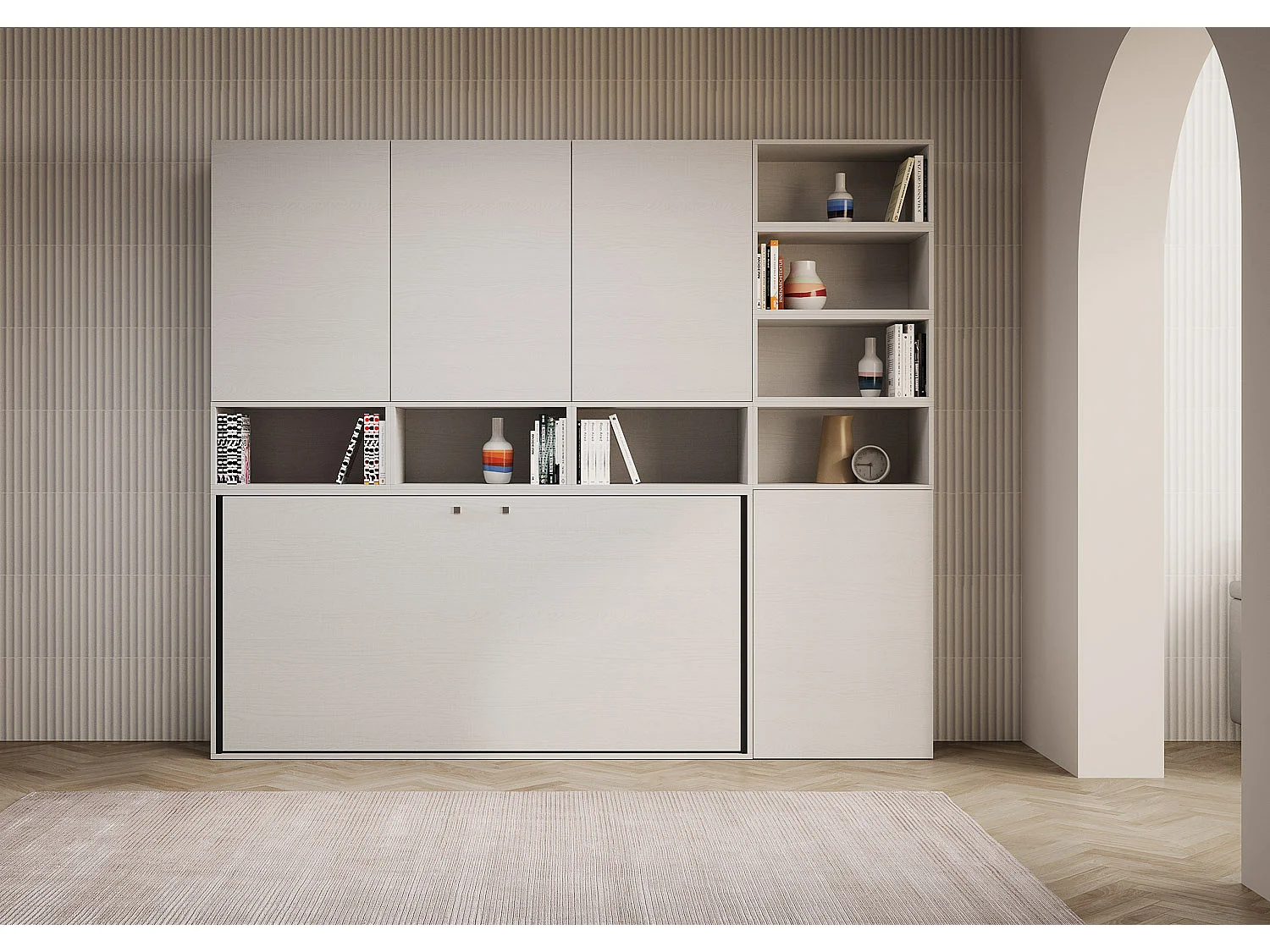 Armoire lit escamotable horizontal 1 couchage 85 Kando avec matelas composition E Frêne Blanc