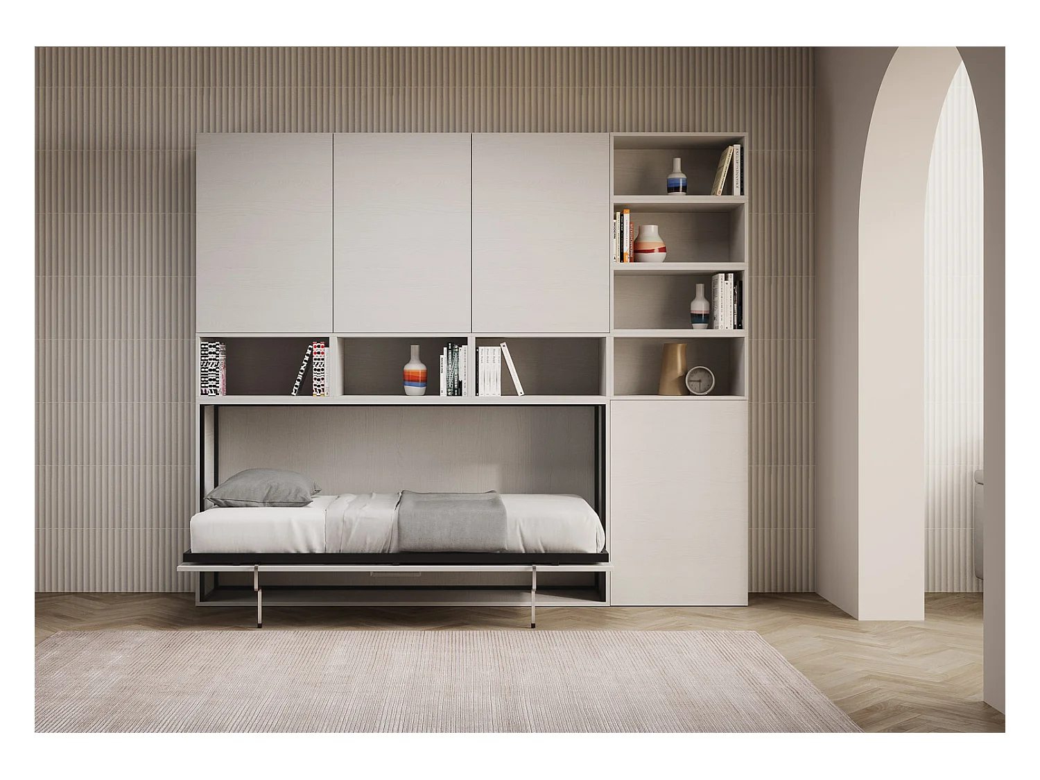 Armoire lit escamotable horizontal 1 couchage 85 Kando avec matelas composition E Frêne Blanc