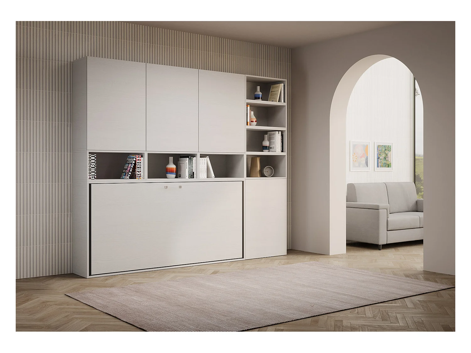 Armoire lit escamotable horizontal 1 couchage 85 Kando avec matelas composition E Frêne Blanc