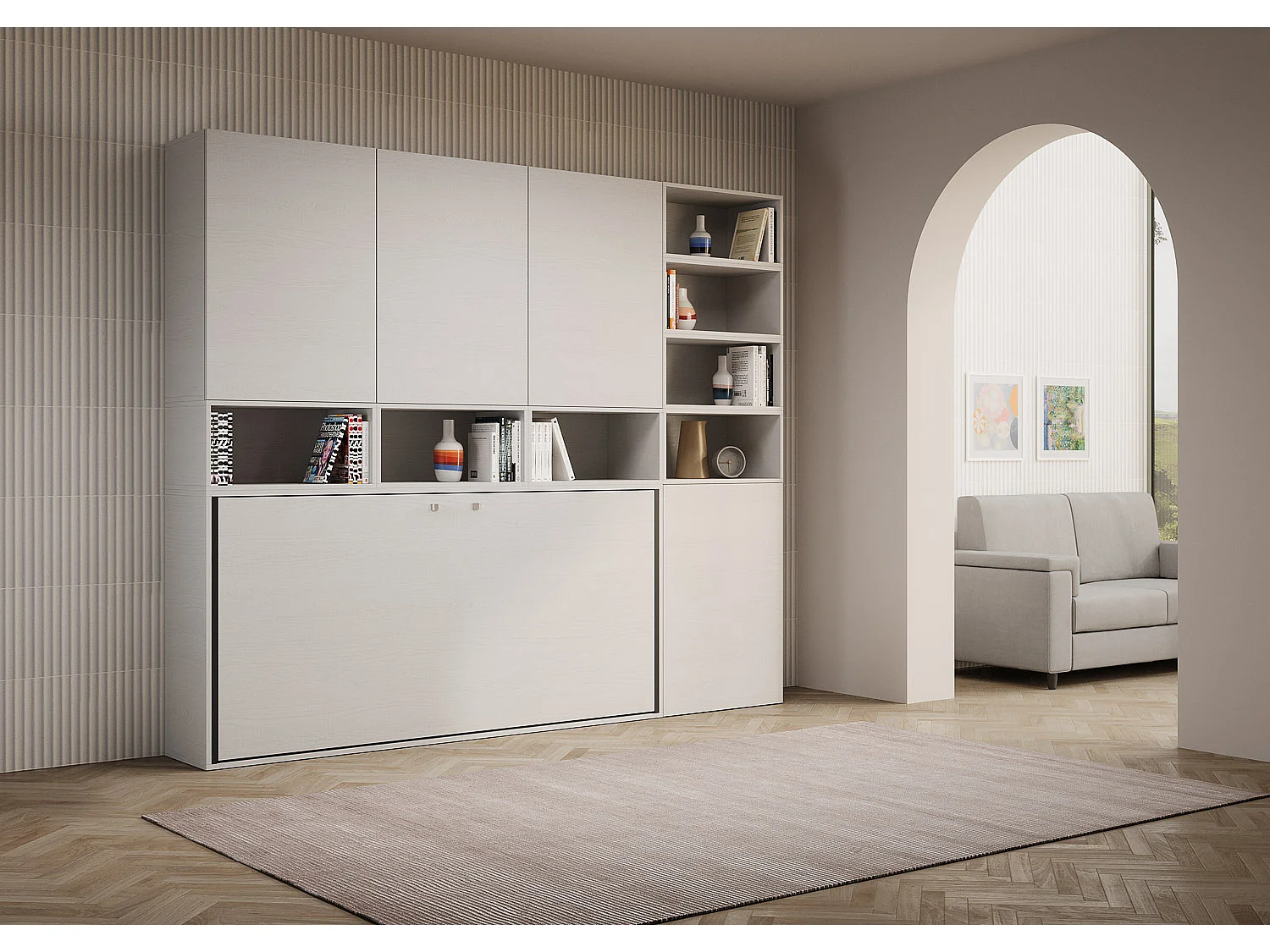 Cama rebatível individual horizontal Kando com colchão composição E Cinza Branca