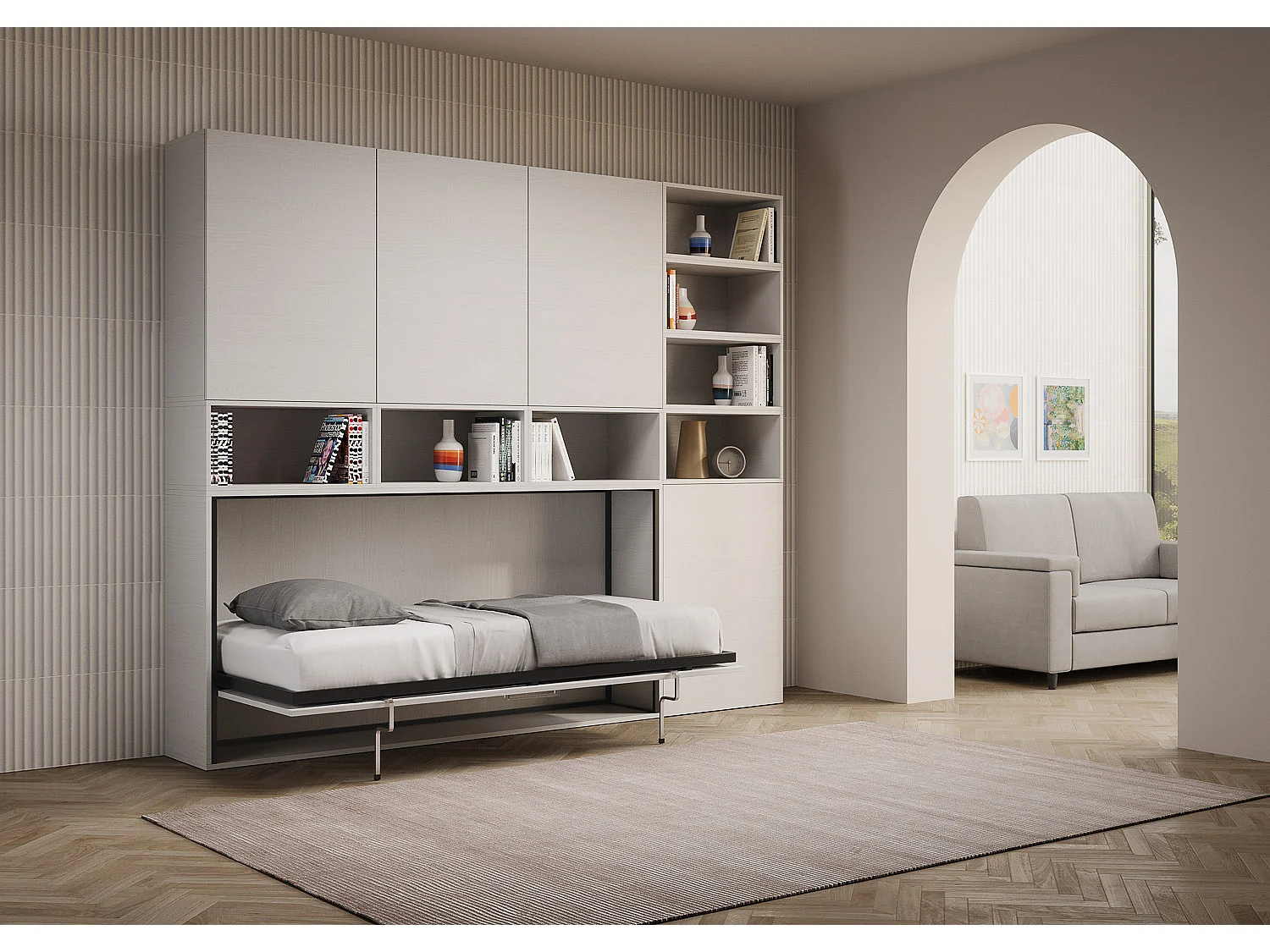 Cama rebatível individual horizontal Kando com colchão composição E Cinza Branca