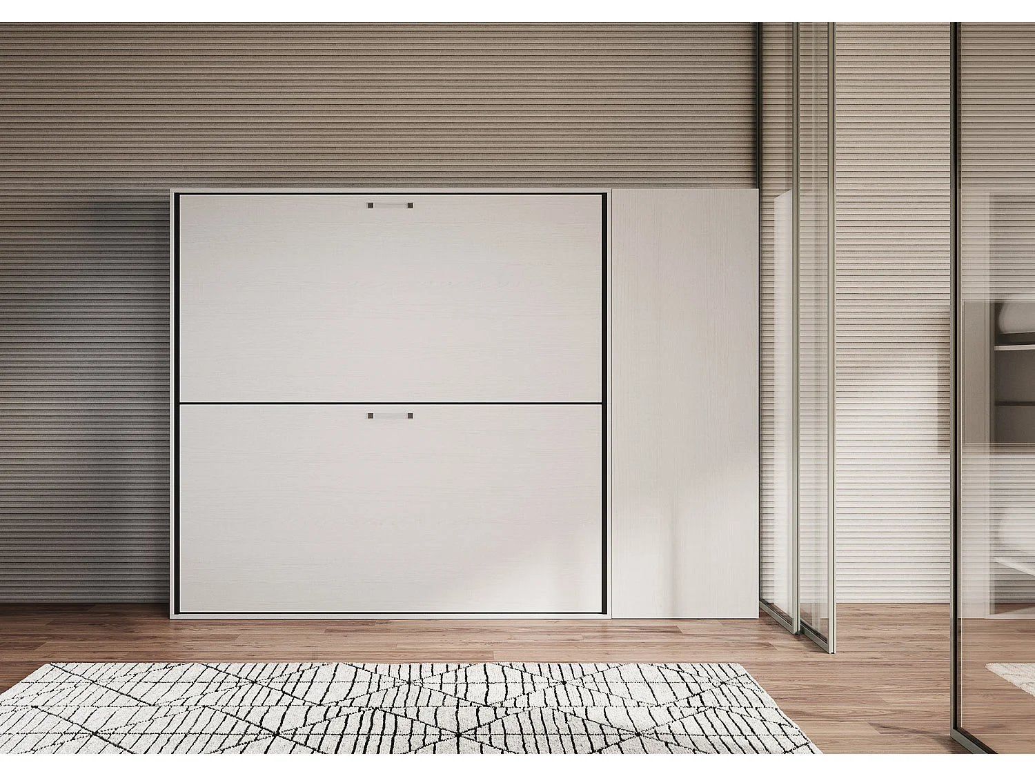Armoire lit escamotable horizontal superposé 2 couchages 85 Kando avec matelas comp.H Frêne Blanc