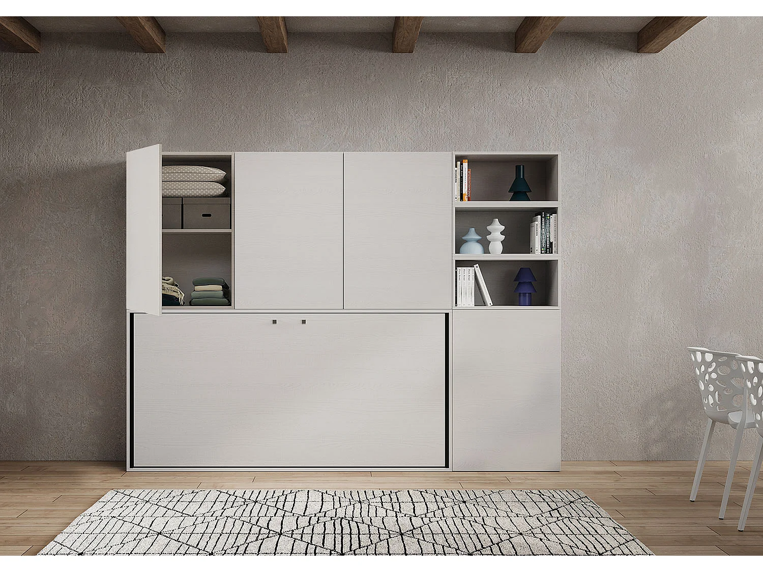 Armoire lit escamotable horizontal 1 couchage 85 Kando comp.F Frêne Blanc