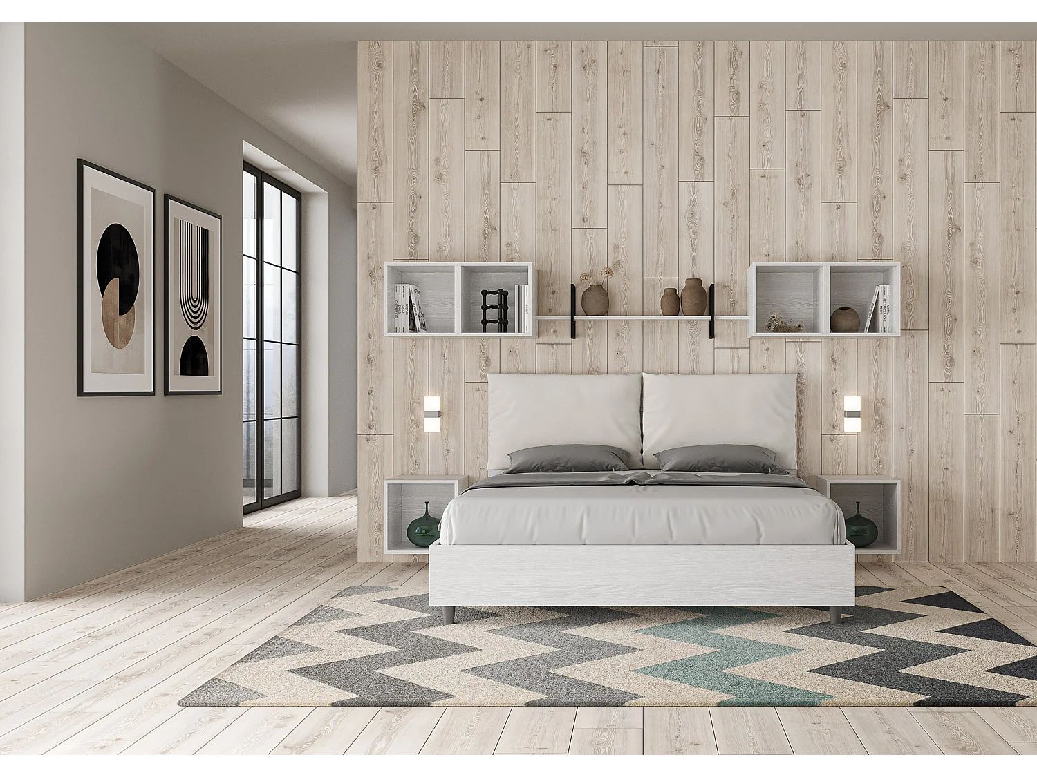 Letto matrimoniale contenitore 160x190 bianco frassino cuscini similpelle bianco Egos Antea