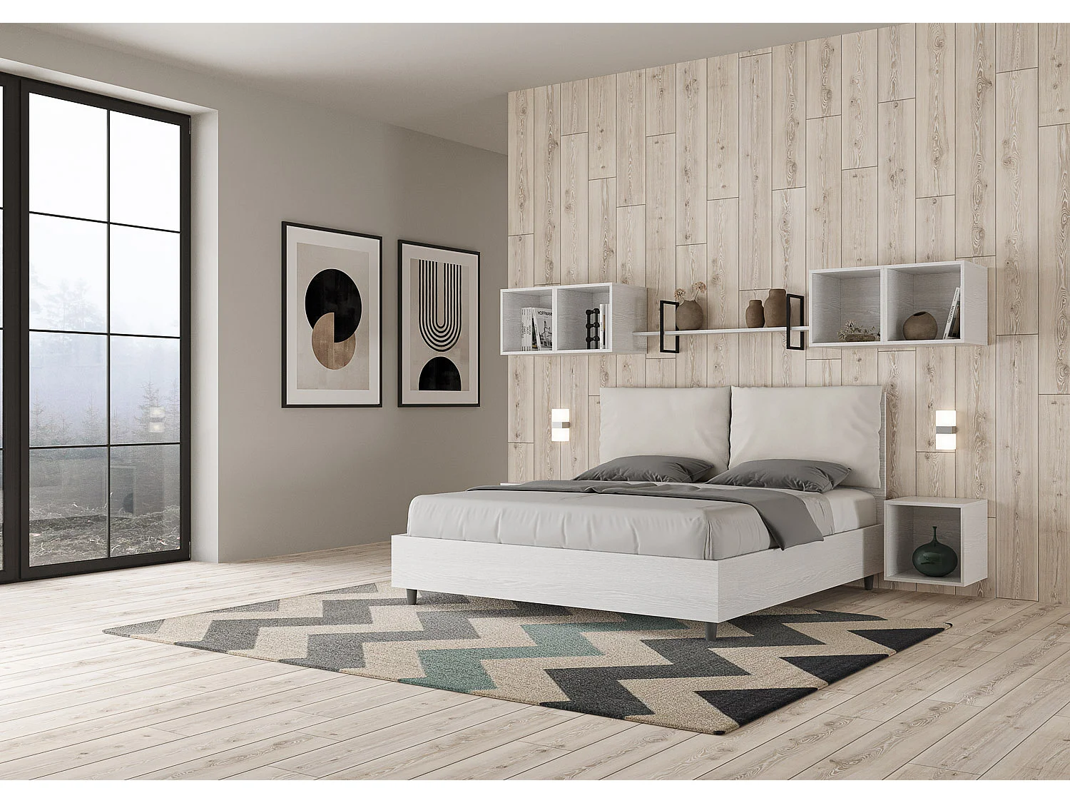 Letto matrimoniale contenitore 160x190 bianco frassino cuscini similpelle bianco Egos Antea
