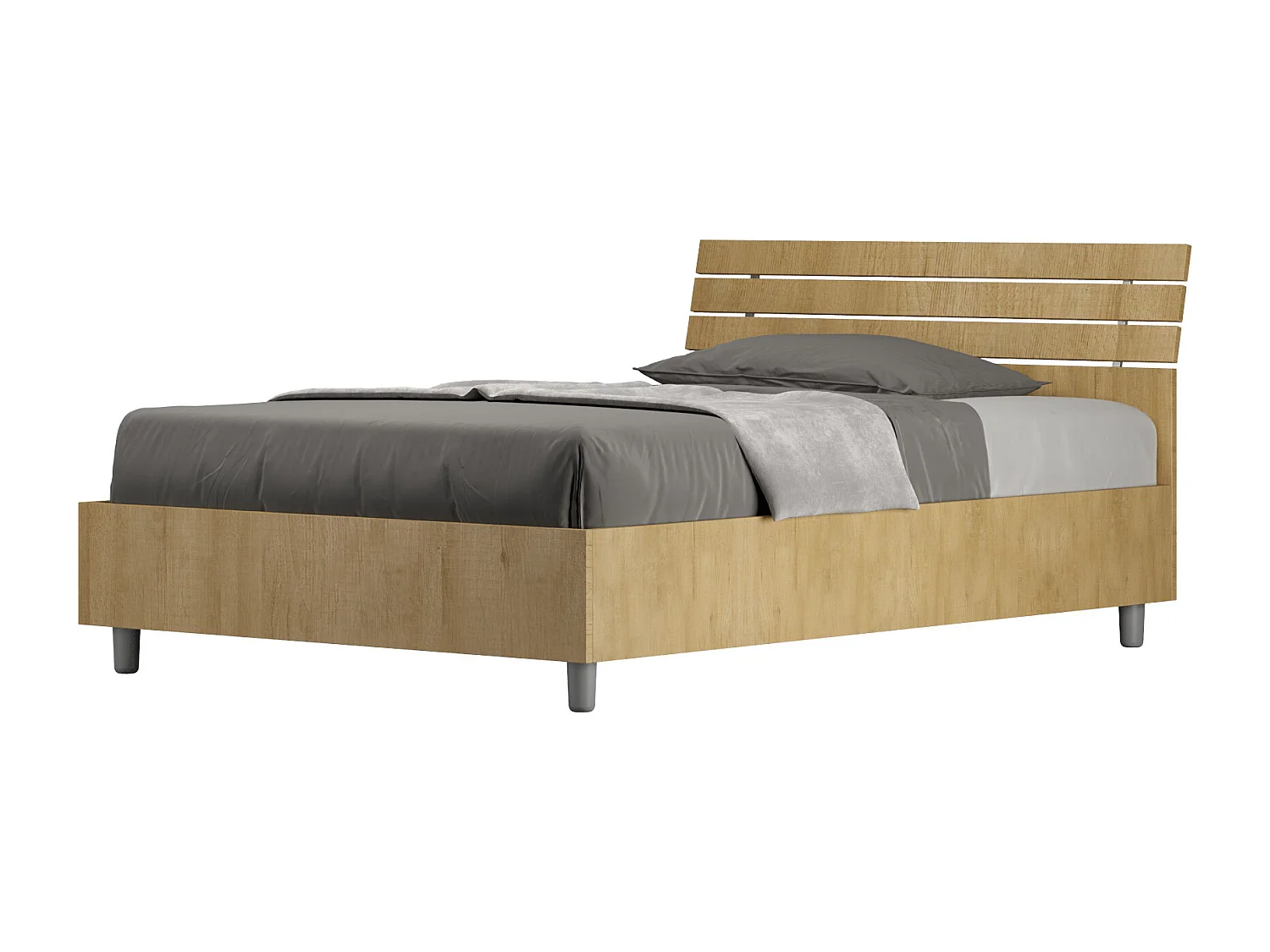 Lit 1 place et demi sans sommier 120x190 tête de lit inclinée avec des lames chêne nature Ankel