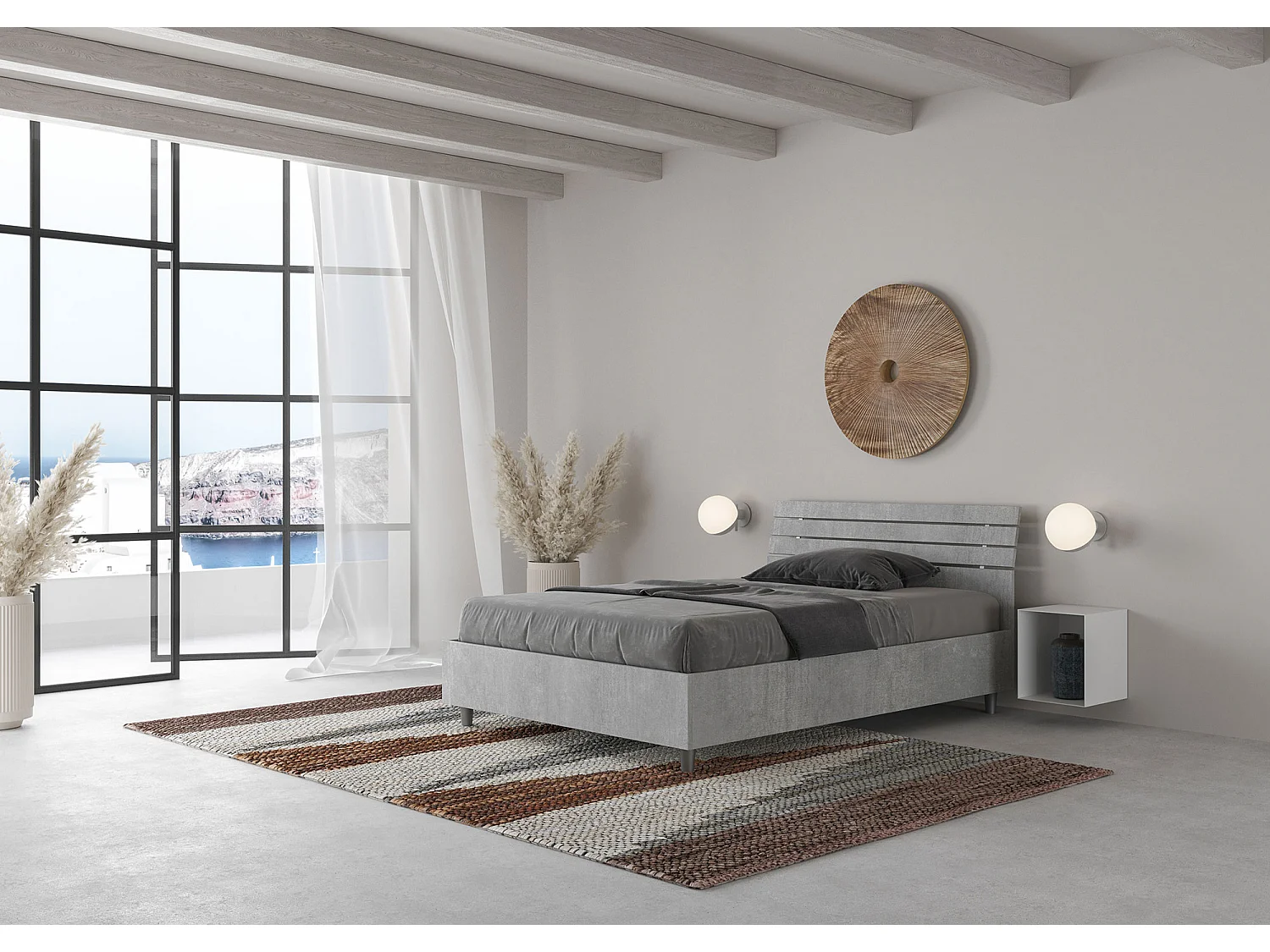 Lit 1 place et demi sans sommier 120x190 tête de lit inclinée avec des lames gris béton Ankel