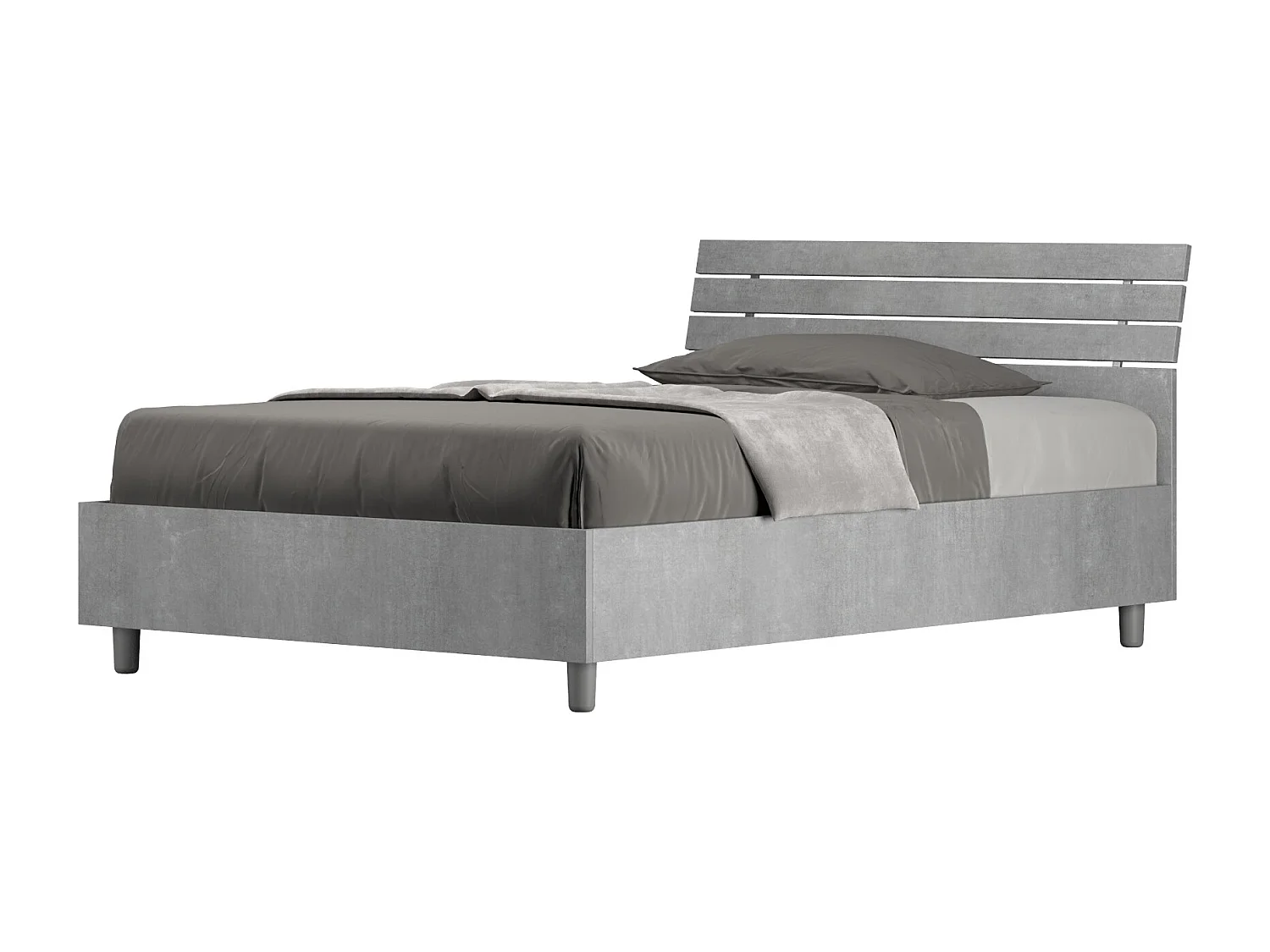 Lit 1 place et demi sans sommier 120x190 tête de lit inclinée avec des lames gris béton Ankel