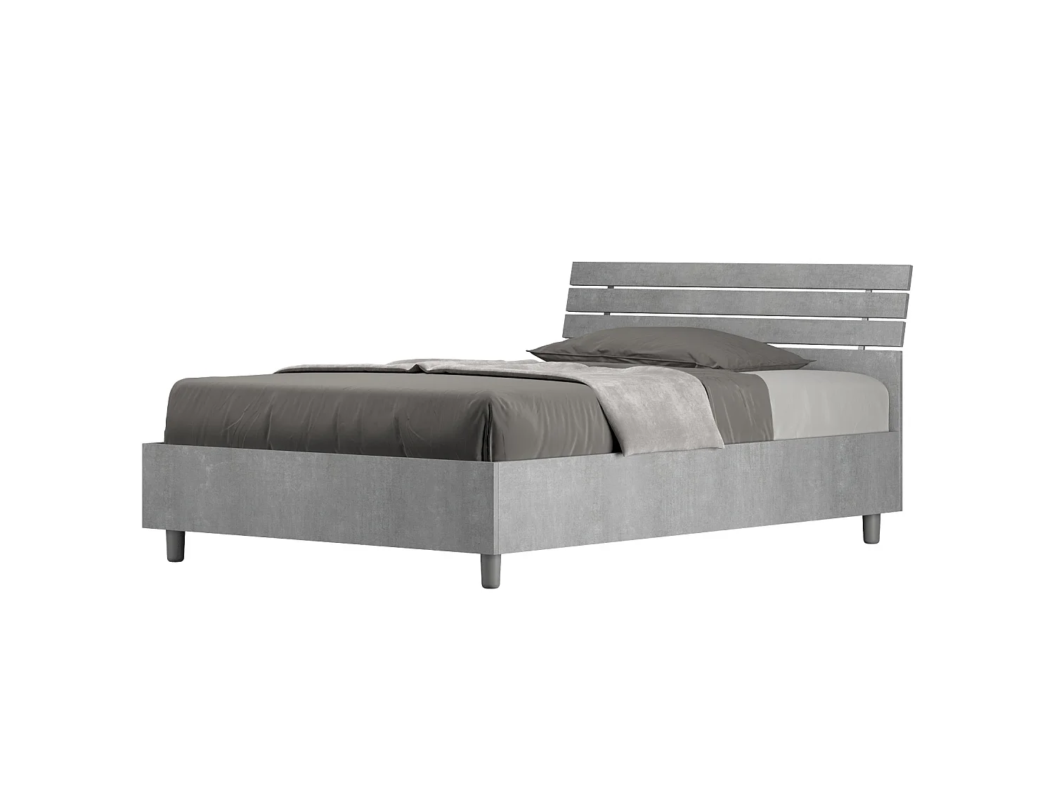 Lit 1 place et demi sans sommier 120x190 tête de lit inclinée avec des lames gris béton Ankel