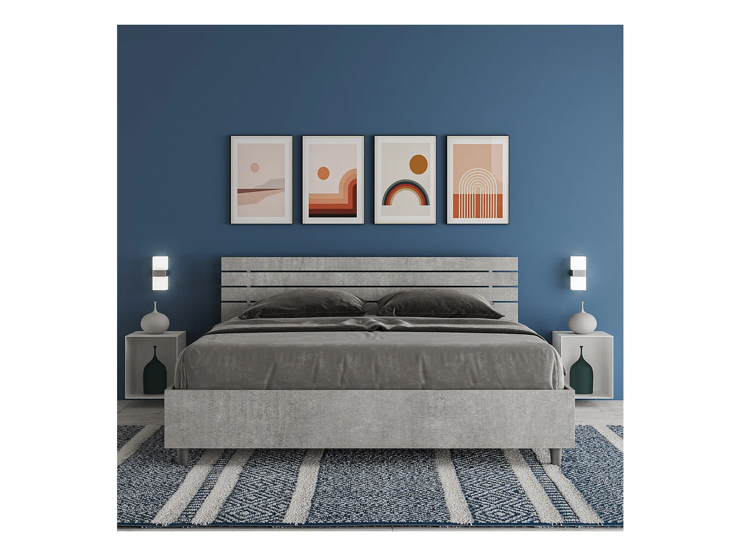 Lit sans sommier 160x190 tête de lit droite avec des lames gris béton Ankel