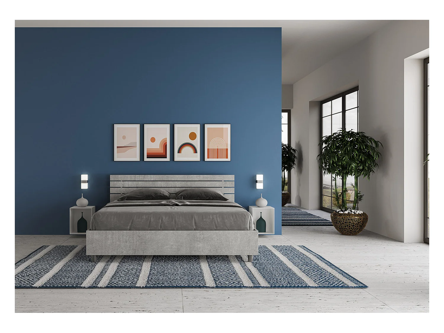 Lit sans sommier 160x190 tête de lit droite avec des lames gris béton Ankel