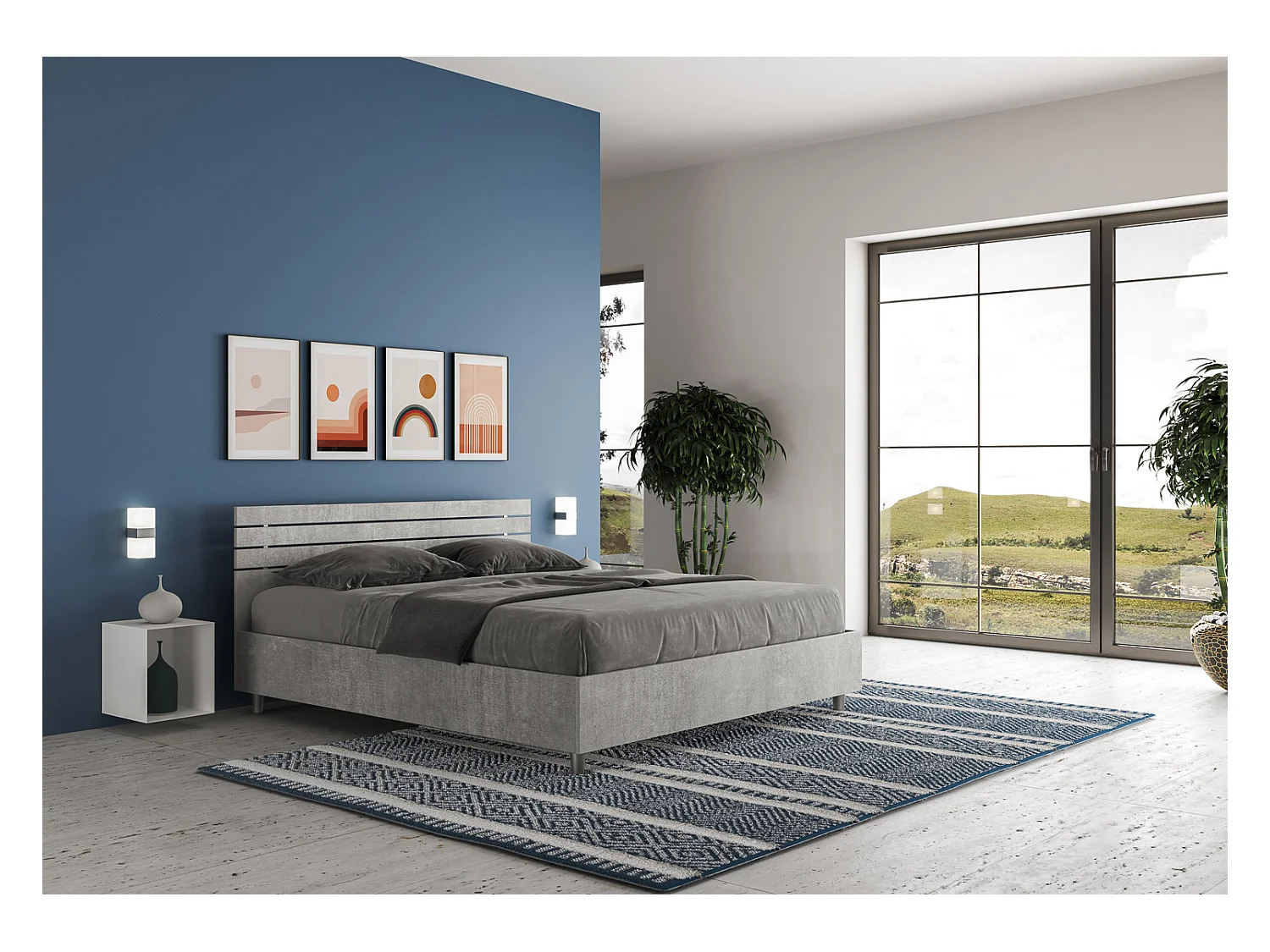 Lit sans sommier 160x190 tête de lit droite avec des lames gris béton Ankel