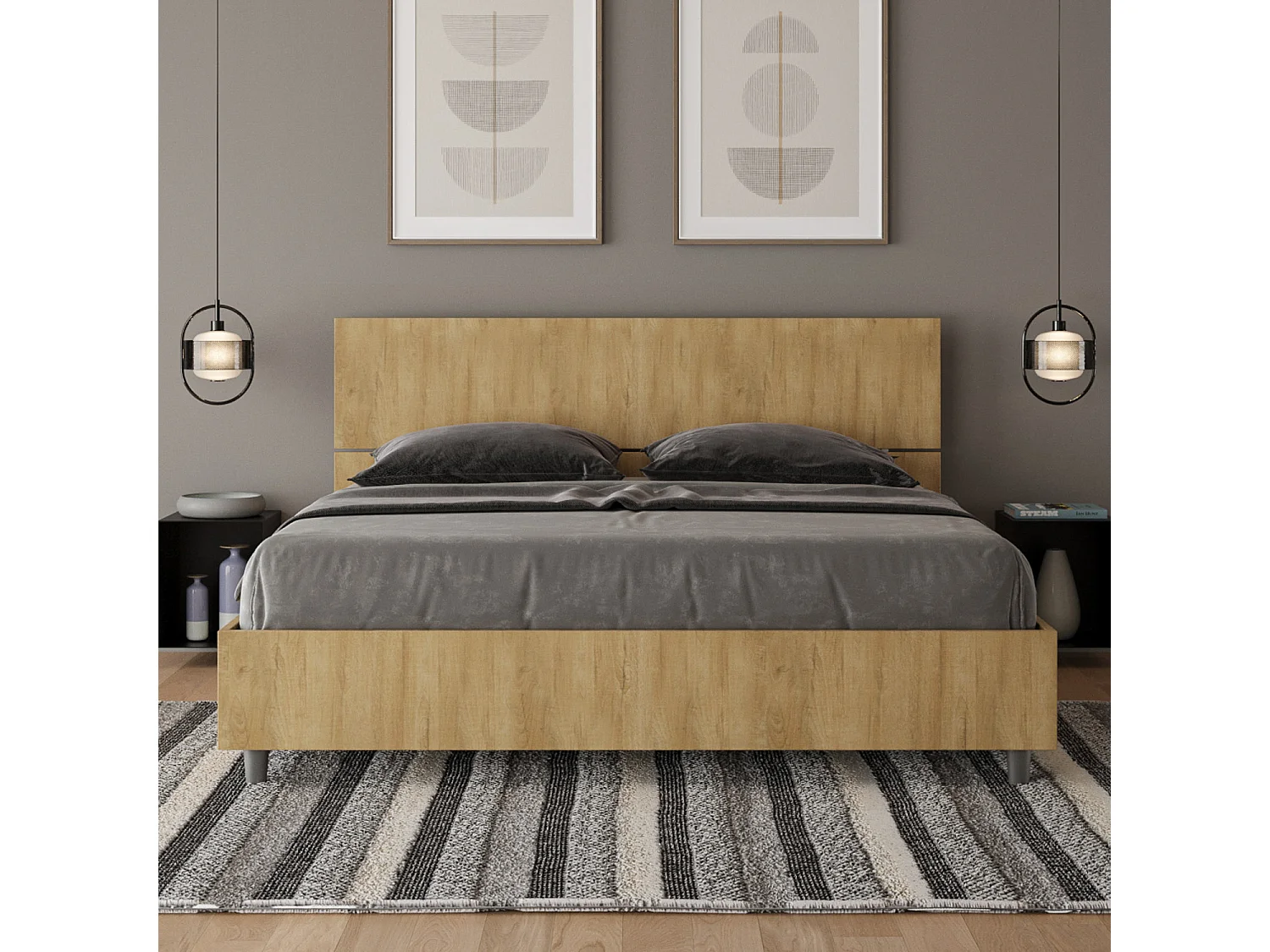 Cama de casal queen size sem estrado 160x190 cabeceira inclinada carvalho natural Demas