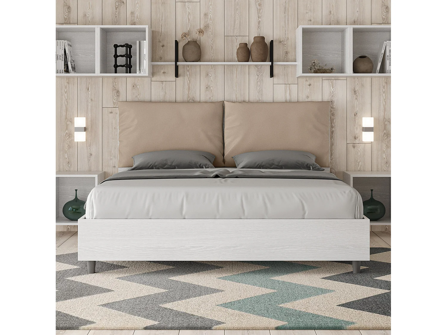 Bed 160x190 zonder lattenbodem eiken wit met kussens kunstleer taupe Egos Antea