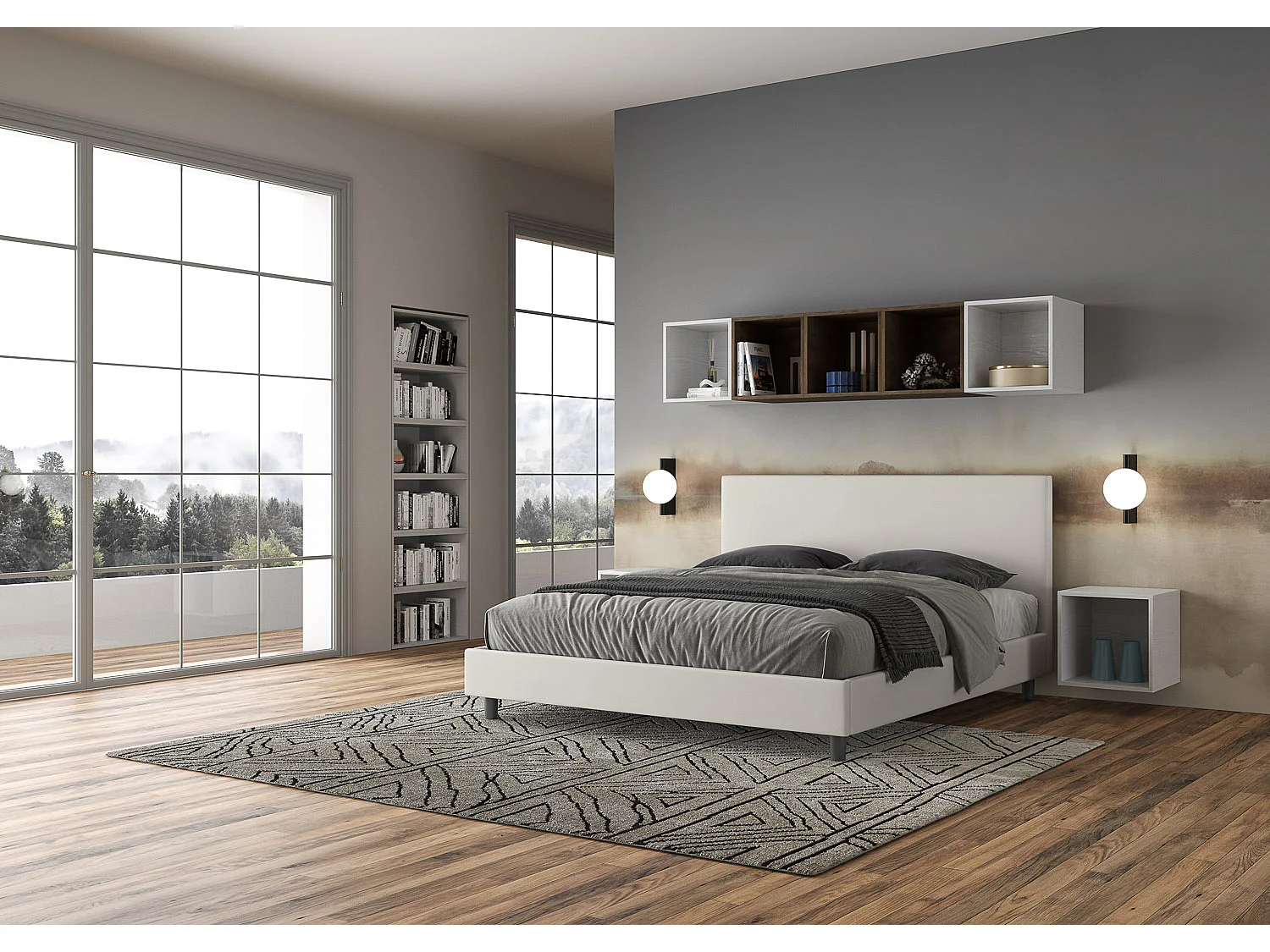 Lit queen size sans sommier rembourrée 160x190 similicuir blanc Naspy