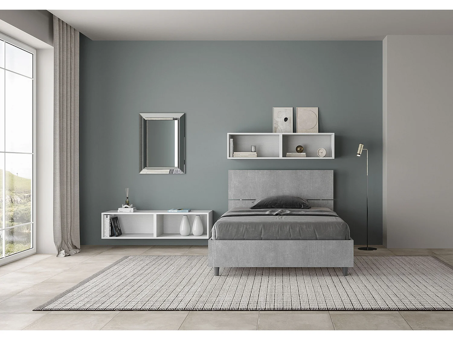 Cama de corpo e meio sem estrado 120x190 cabeceira inclinada cimento Demas