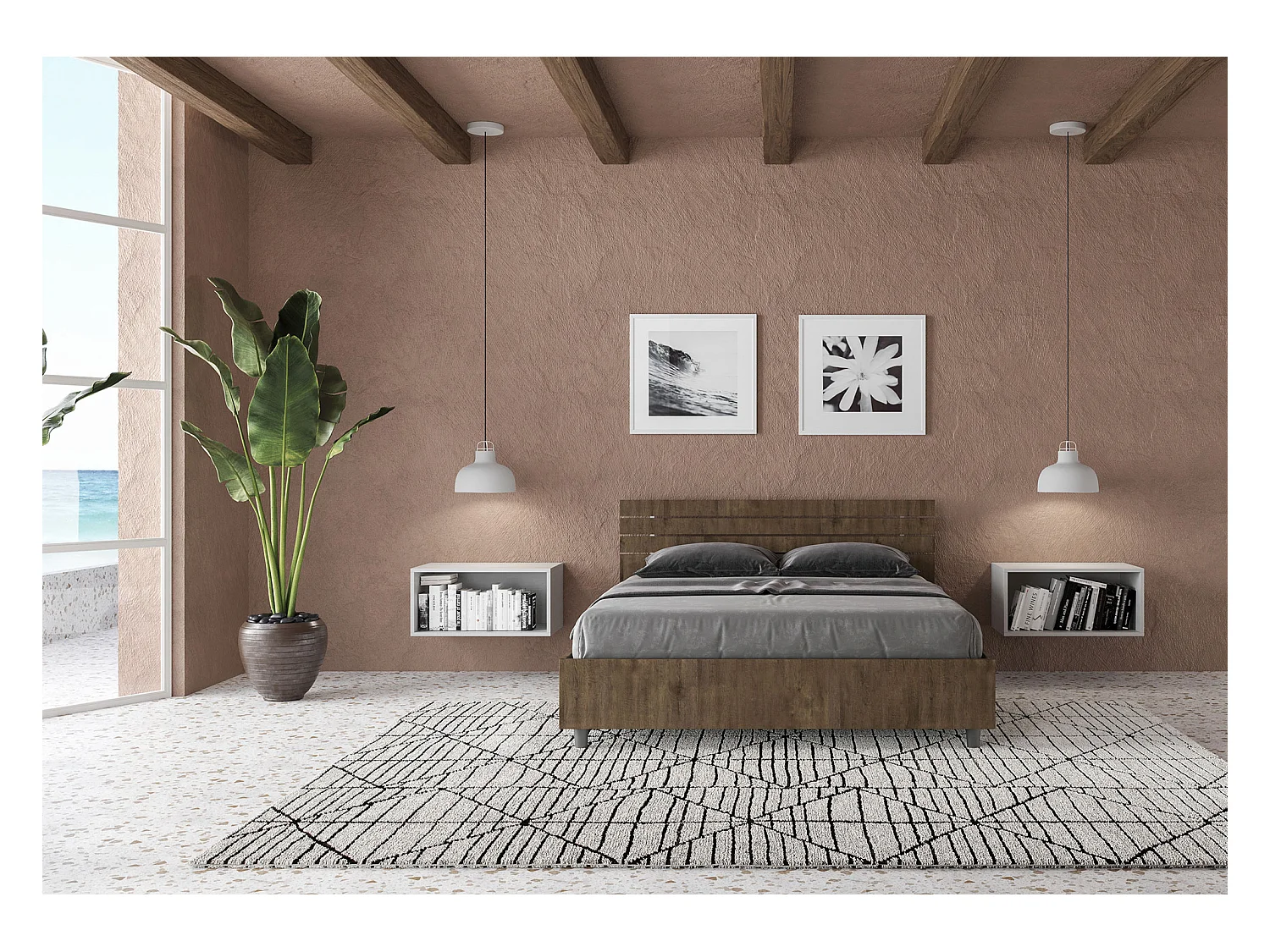 Bett ohne Lattenrost 140x190 mit geradem Kopfteil und Lattenrost aus Ankel-Walnussholz