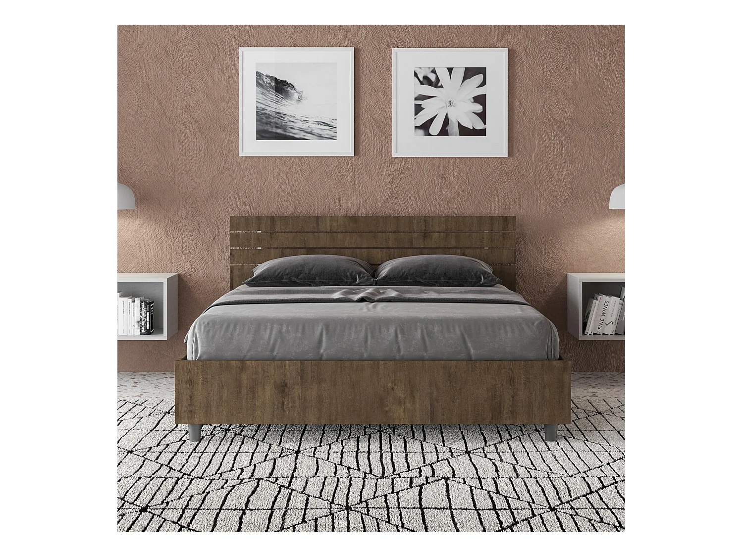 Bett ohne Lattenrost 140x190 mit geradem Kopfteil und Lattenrost aus Ankel-Walnussholz