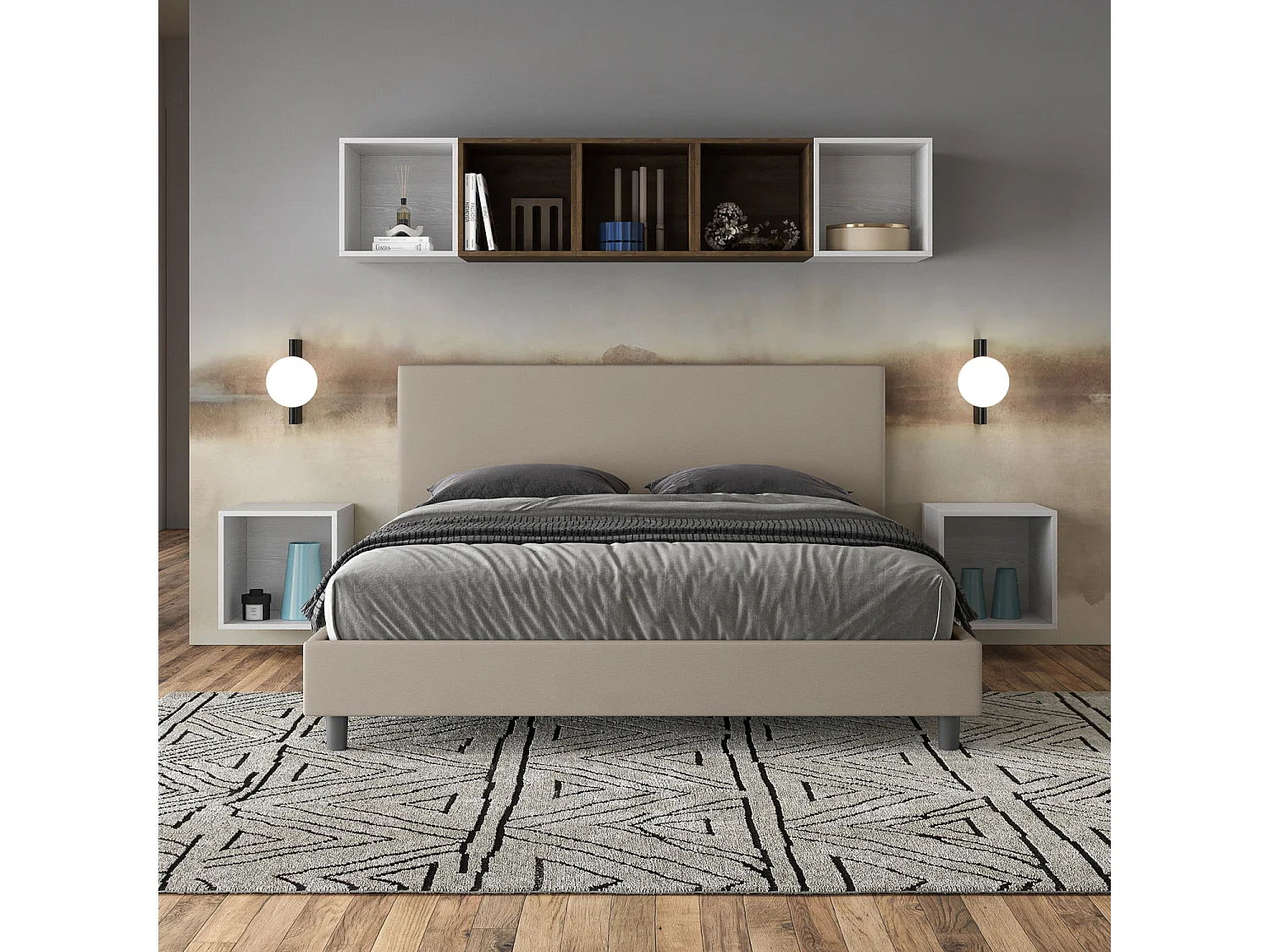 Lit queen size sans sommier rembourrée 160x190 similicuir taupe Naspy