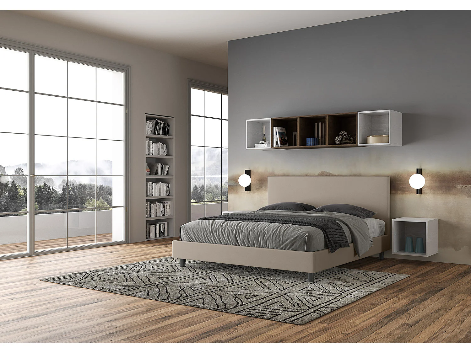 Lit queen size sans sommier rembourrée 160x190 similicuir taupe Naspy