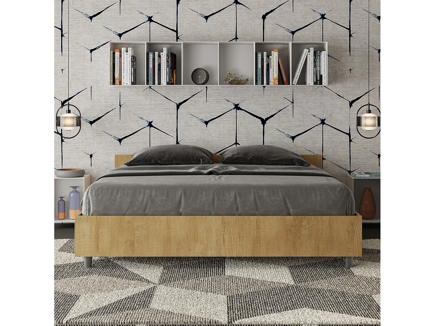 Cama de casal queen size sem estrado 160x190 carvalho natural Nuamo