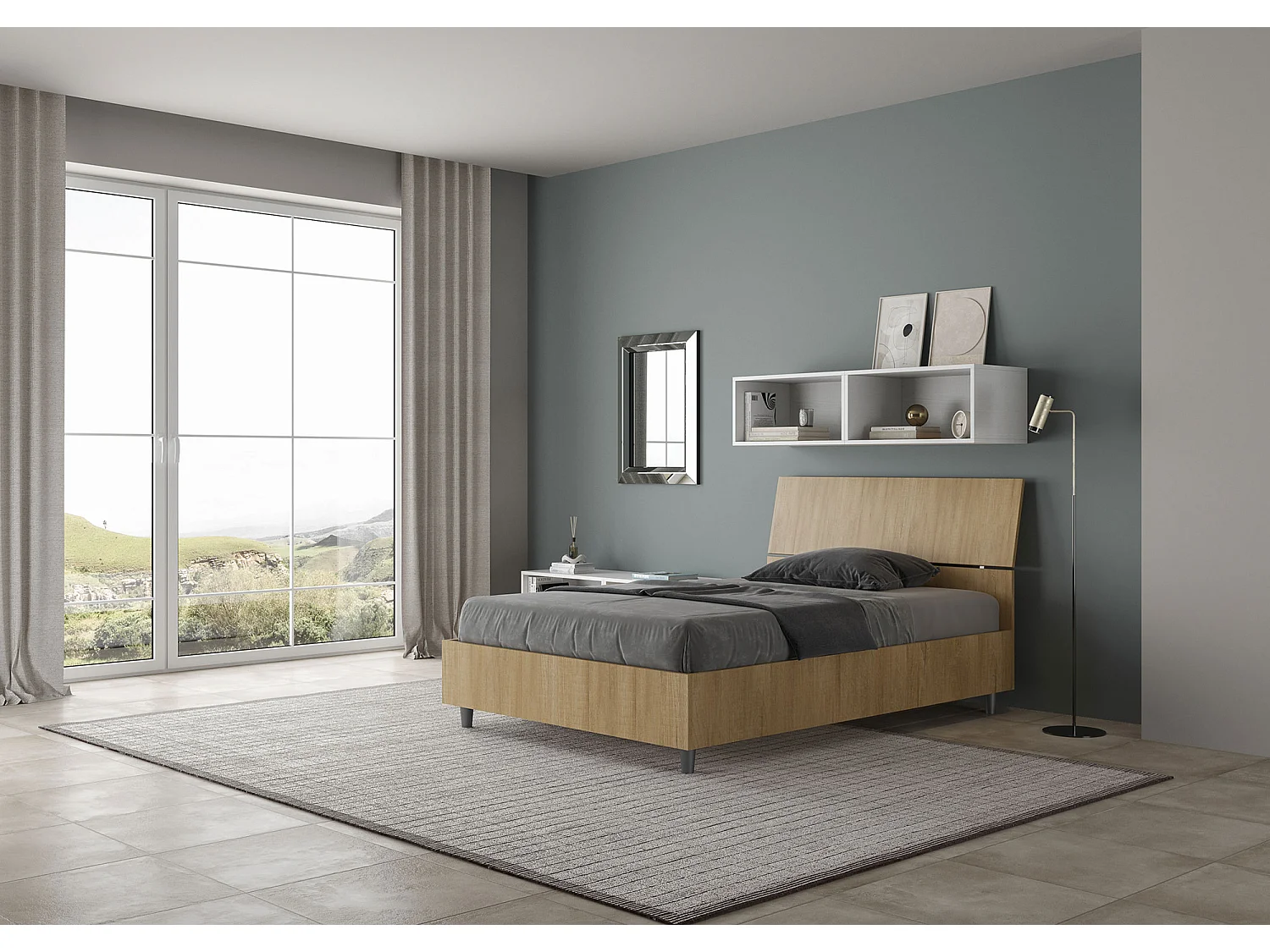 Cama de una plaza y medio  sin somier 120x190 con cabecera inclinada roble natural Demas