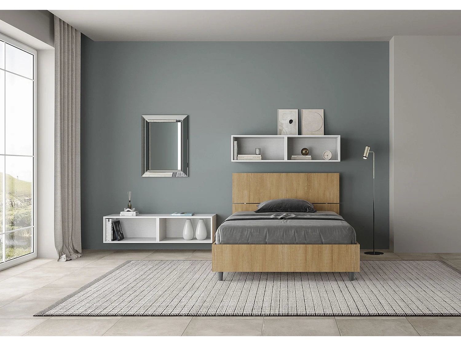 Cama de una plaza y medio  sin somier 120x190 con cabecera inclinada roble natural Demas