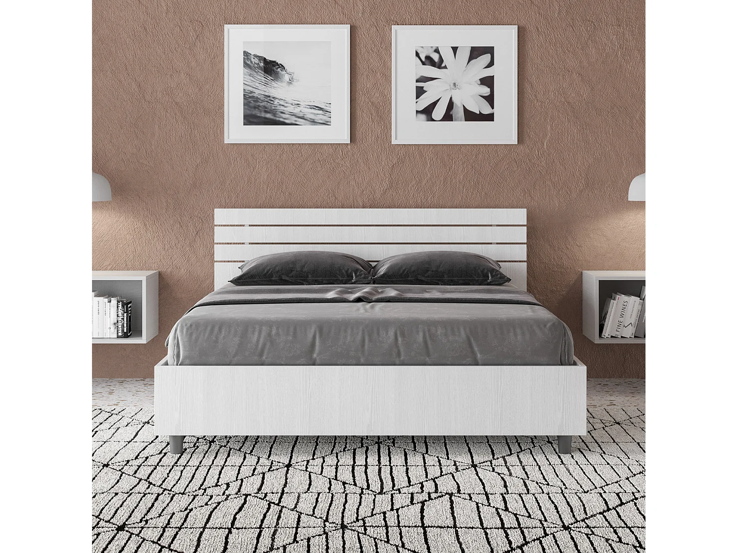 Lit double sans sommier 140x190 tête de lit droite avec des lames frêne blanc Ankel