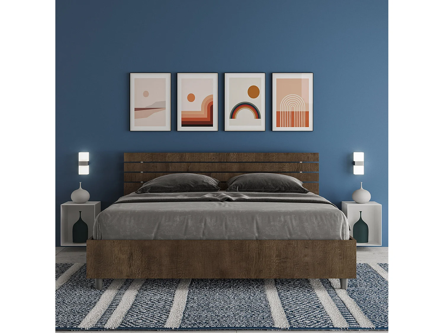 Cama sin somier 160x190 con cabecera inclinada de listones nogal Ankel