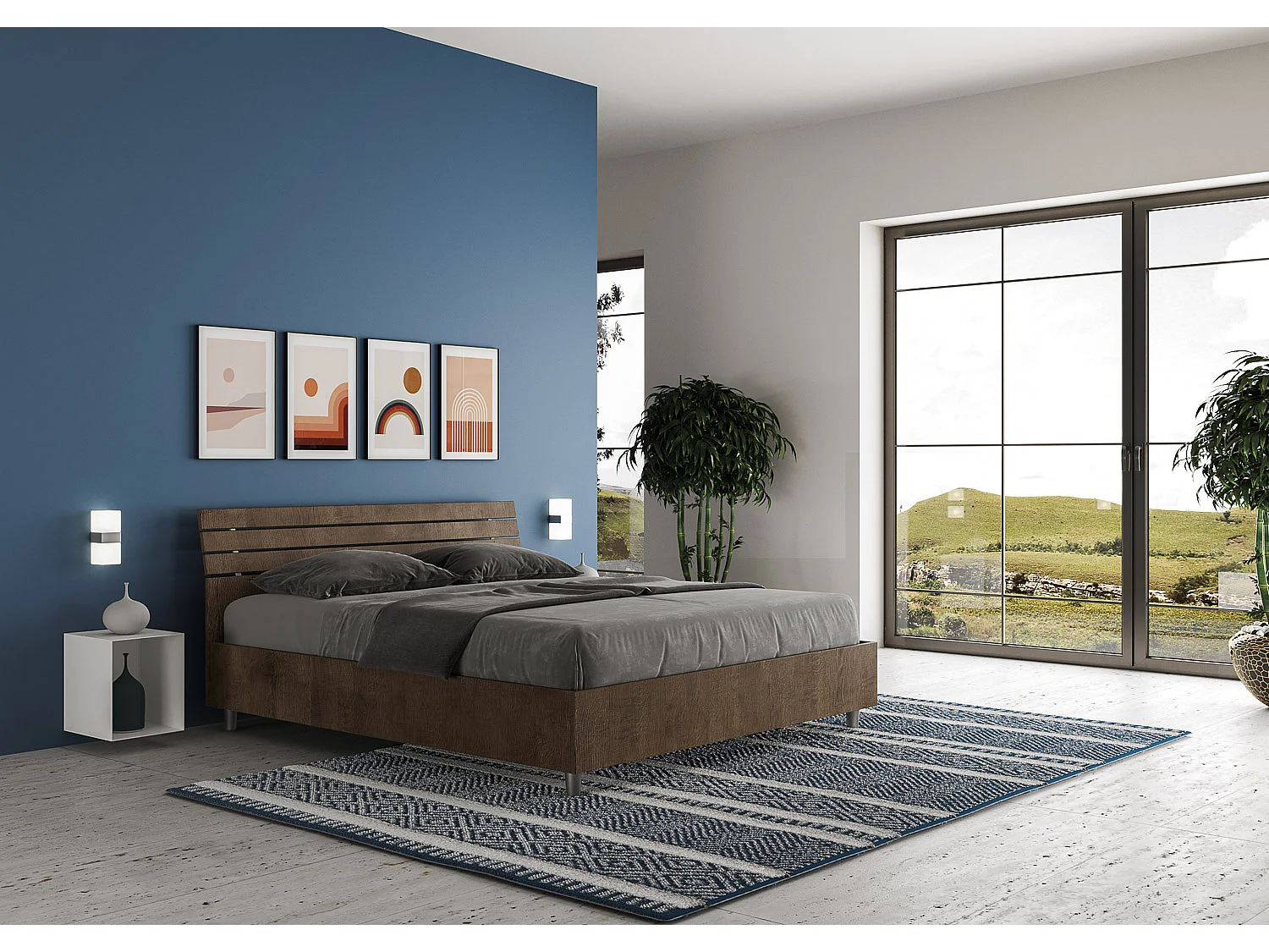 Cama sin somier 160x190 con cabecera inclinada de listones nogal Ankel