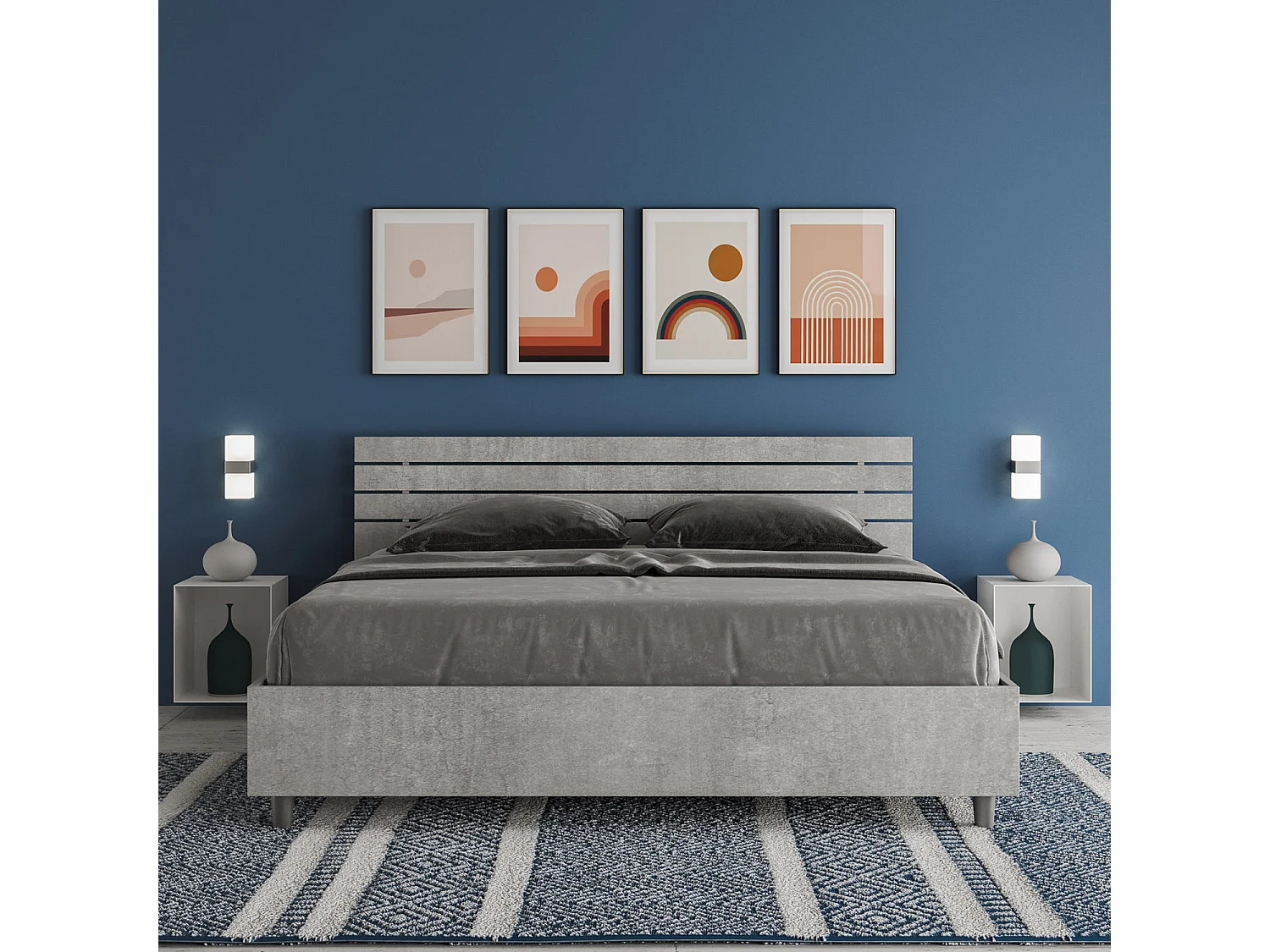 Cama sin somier 160x190 con cabecera inclinada de listones cemento Ankel