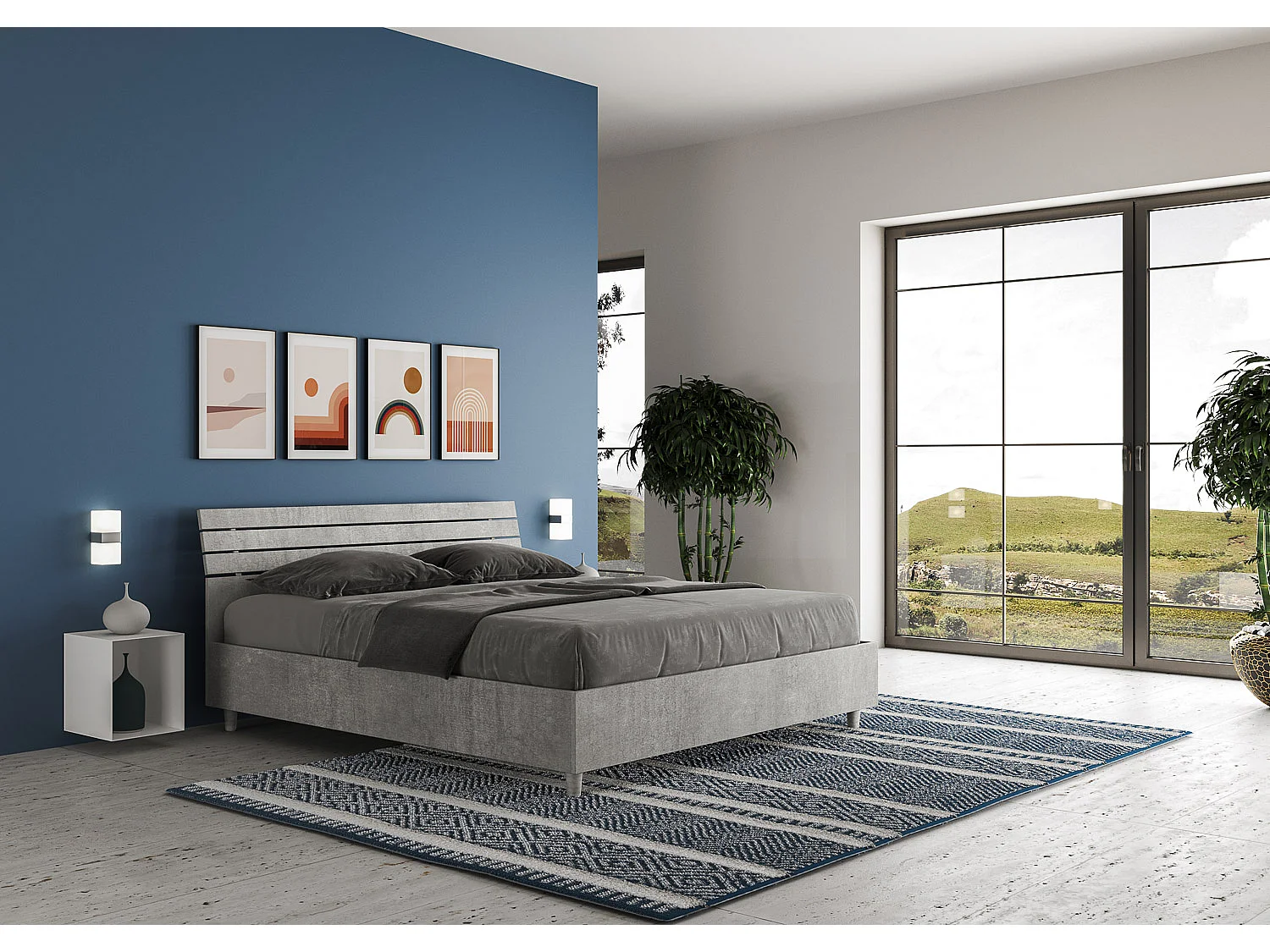 Cama sin somier 160x190 con cabecera inclinada de listones cemento Ankel