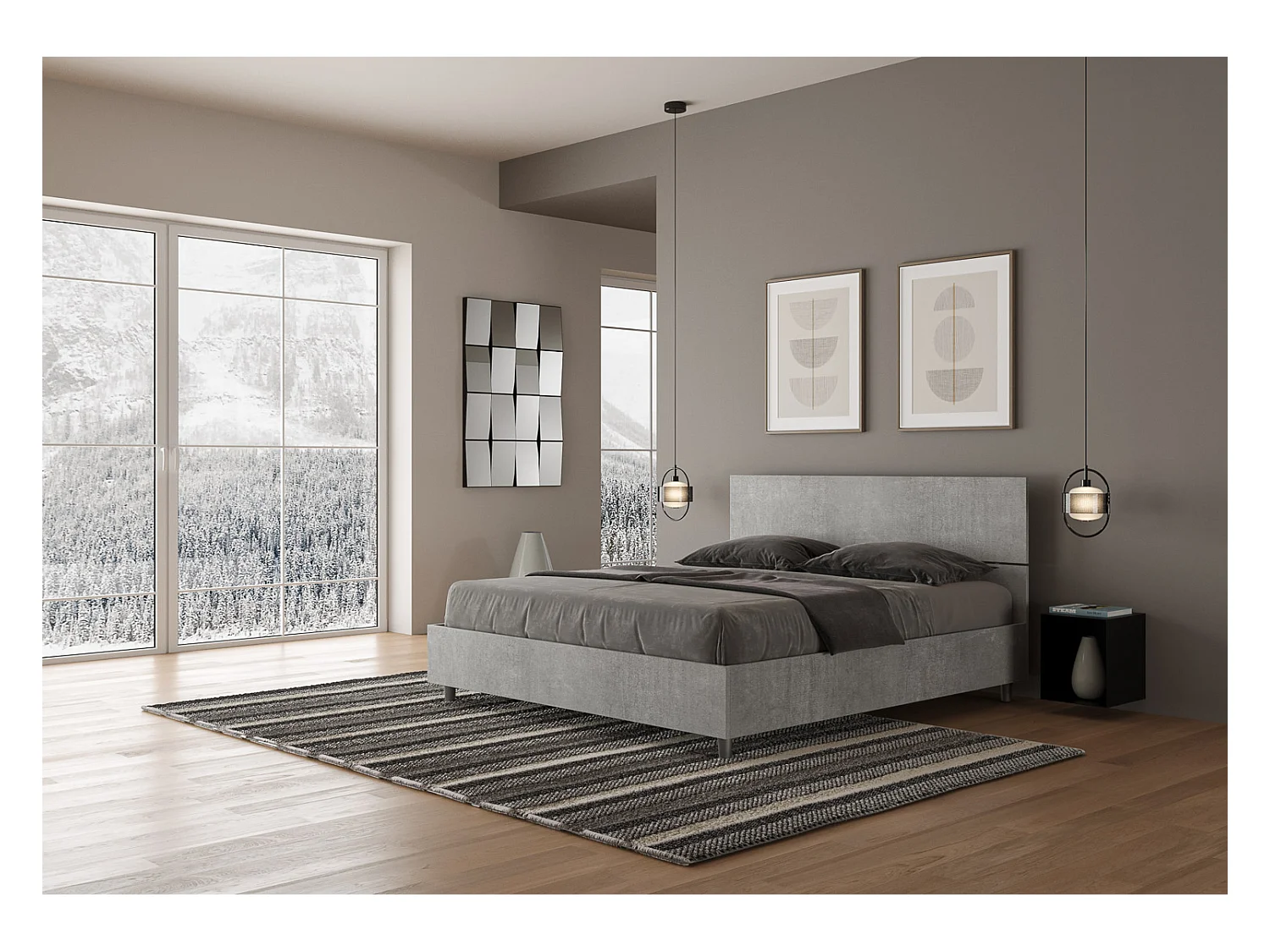 Lit sans sommier 160x190 tête de lit droite gris béton Demas