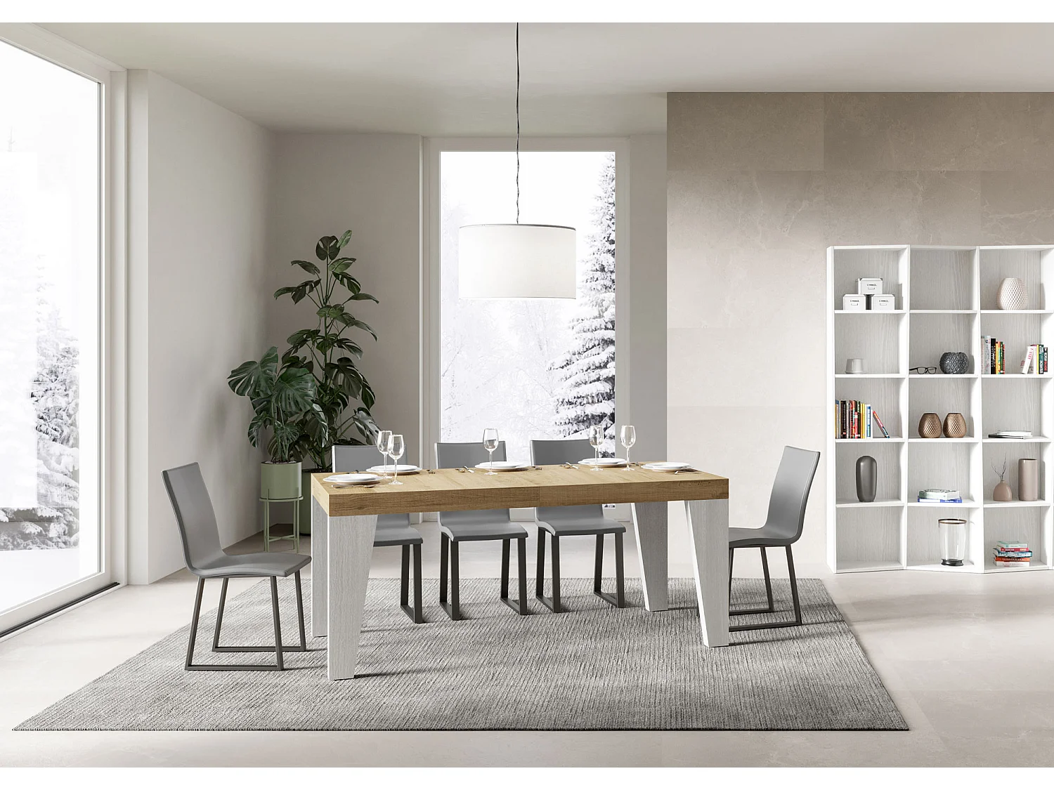 Table extensible 90x180/284 cm Naxy Mix dessus Chêne Nature pieds Frêne Blanc